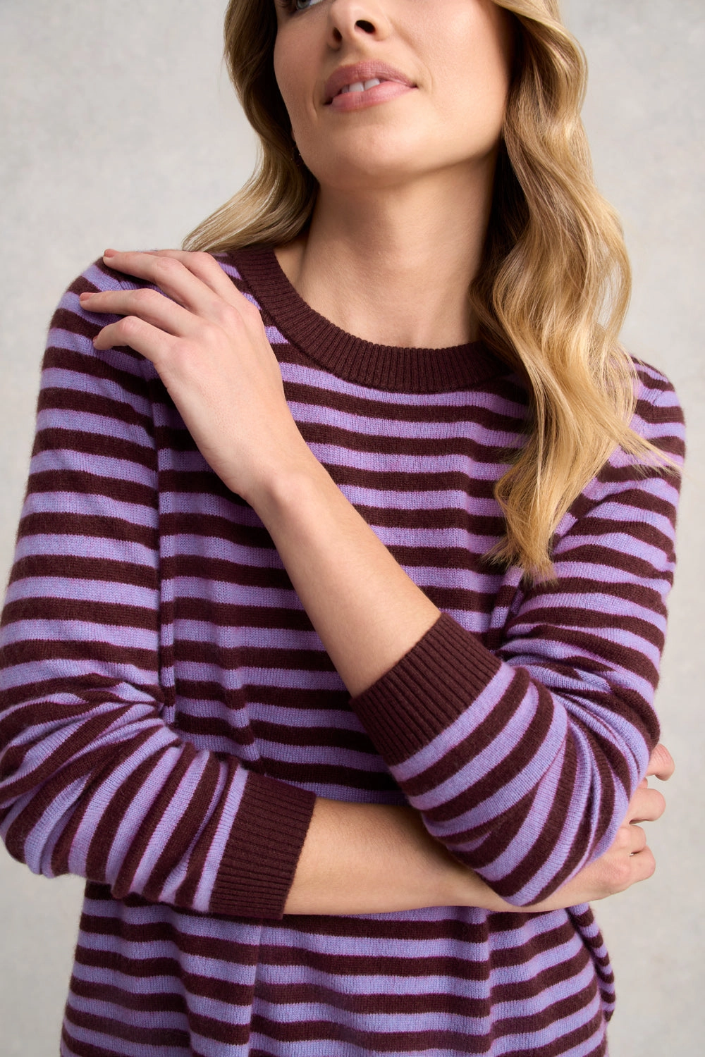 Cashmere Blend Crew Neck Jumper - Violet Stripe TonalStitching
