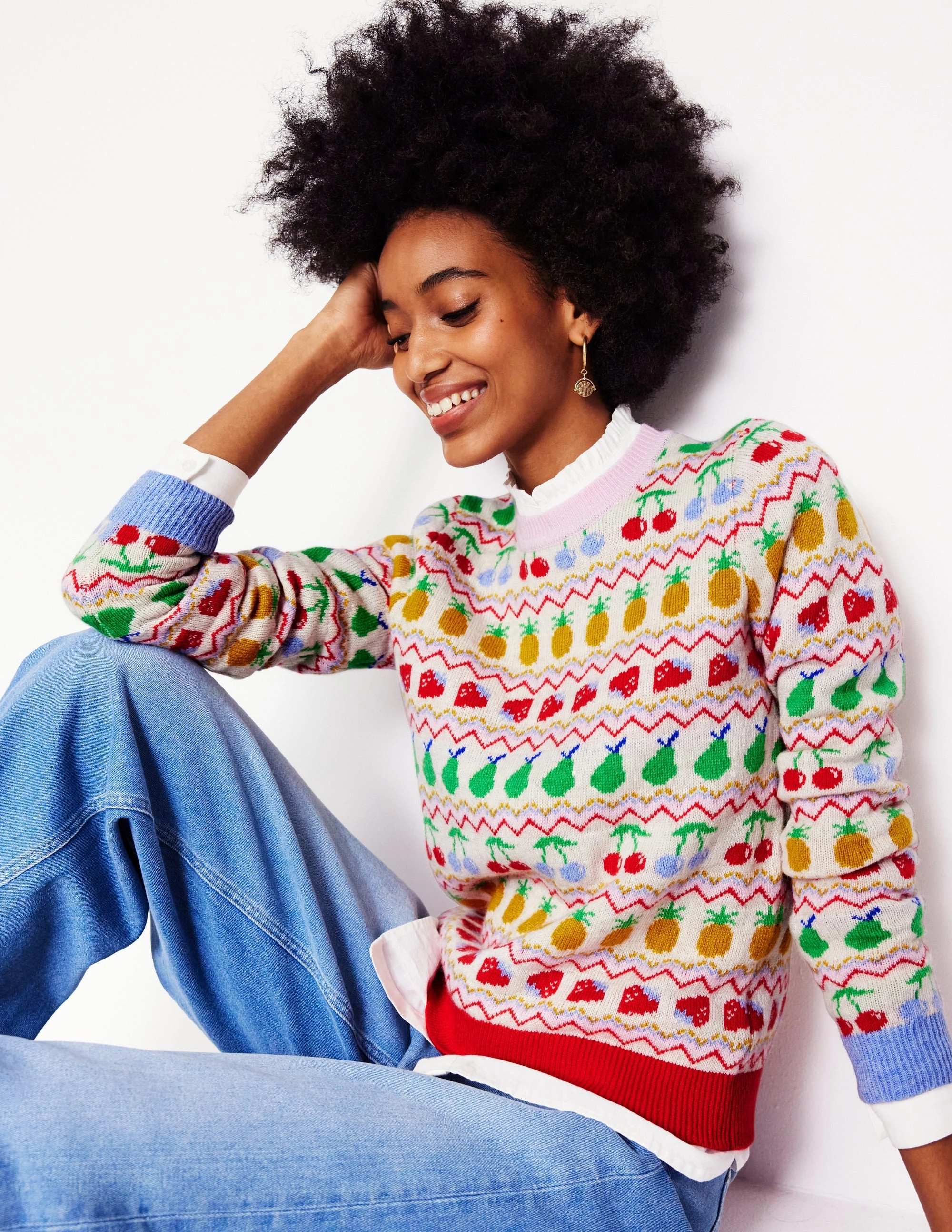 Wide Hem Detail Bold Simplicity Edie Fair Isle Jumper-Ecru Marl, Fruit