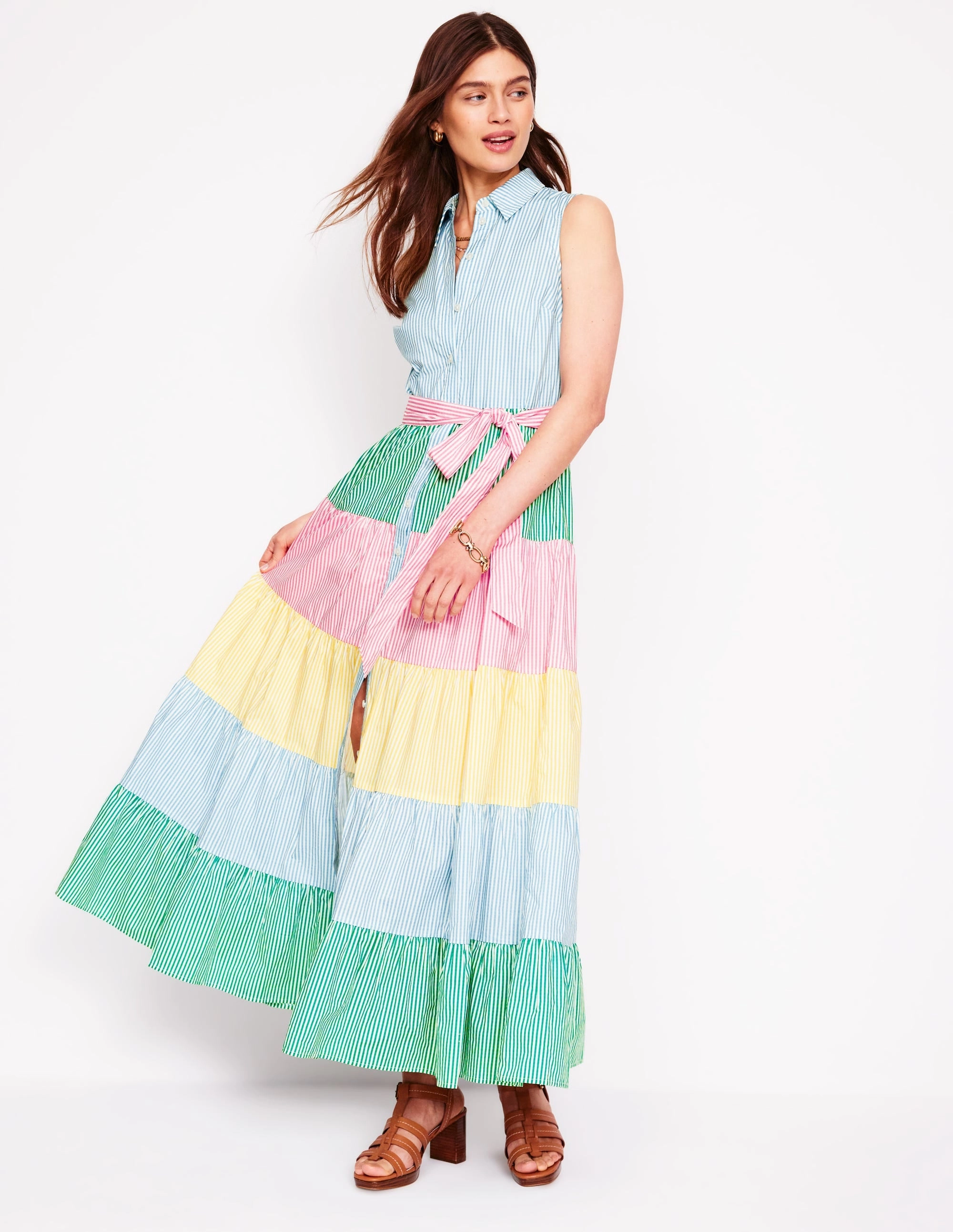 Daily Form Flowing Layers Multi Tiered Shirt Dress-Duck Egg Blue Stripe