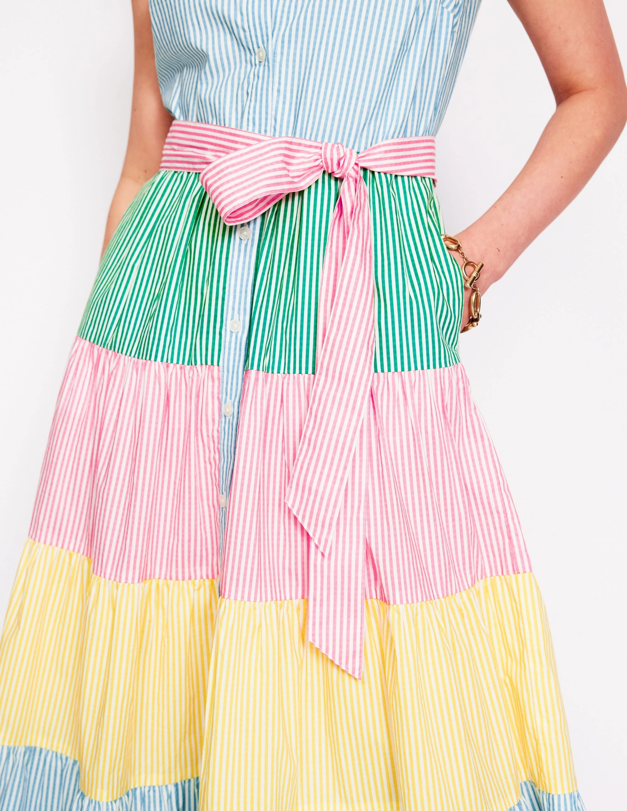 Chic and Flattering Multi Tiered Shirt Dress-Duck Egg Blue Stripe