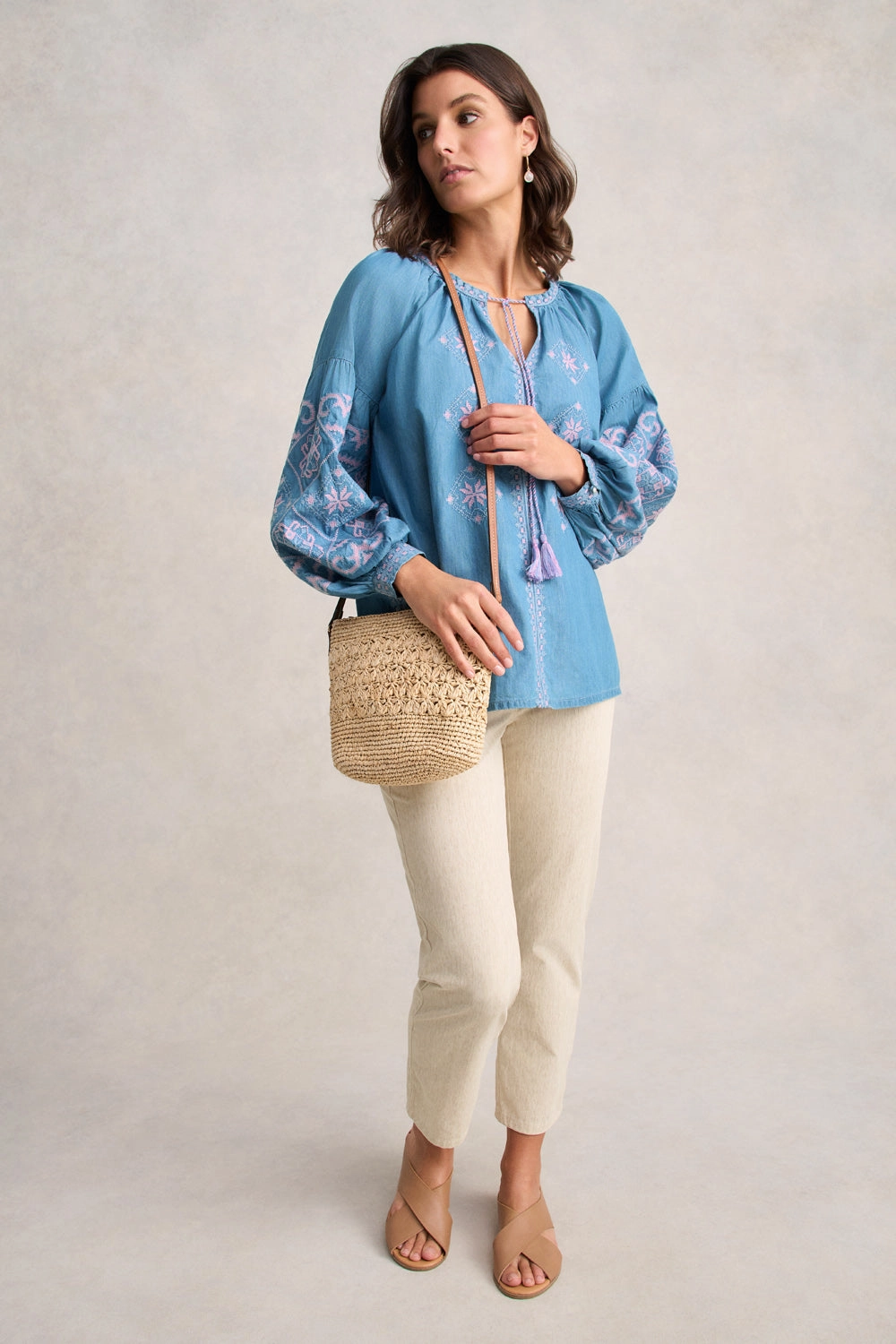 Embroidered Folk Blouse - Mid Denim Blue Easy to Wear EasyCareMaterial
