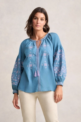 Flexible Knit Blend Soft Brushed Lining Embroidered Folk Blouse - Mid Denim Blue