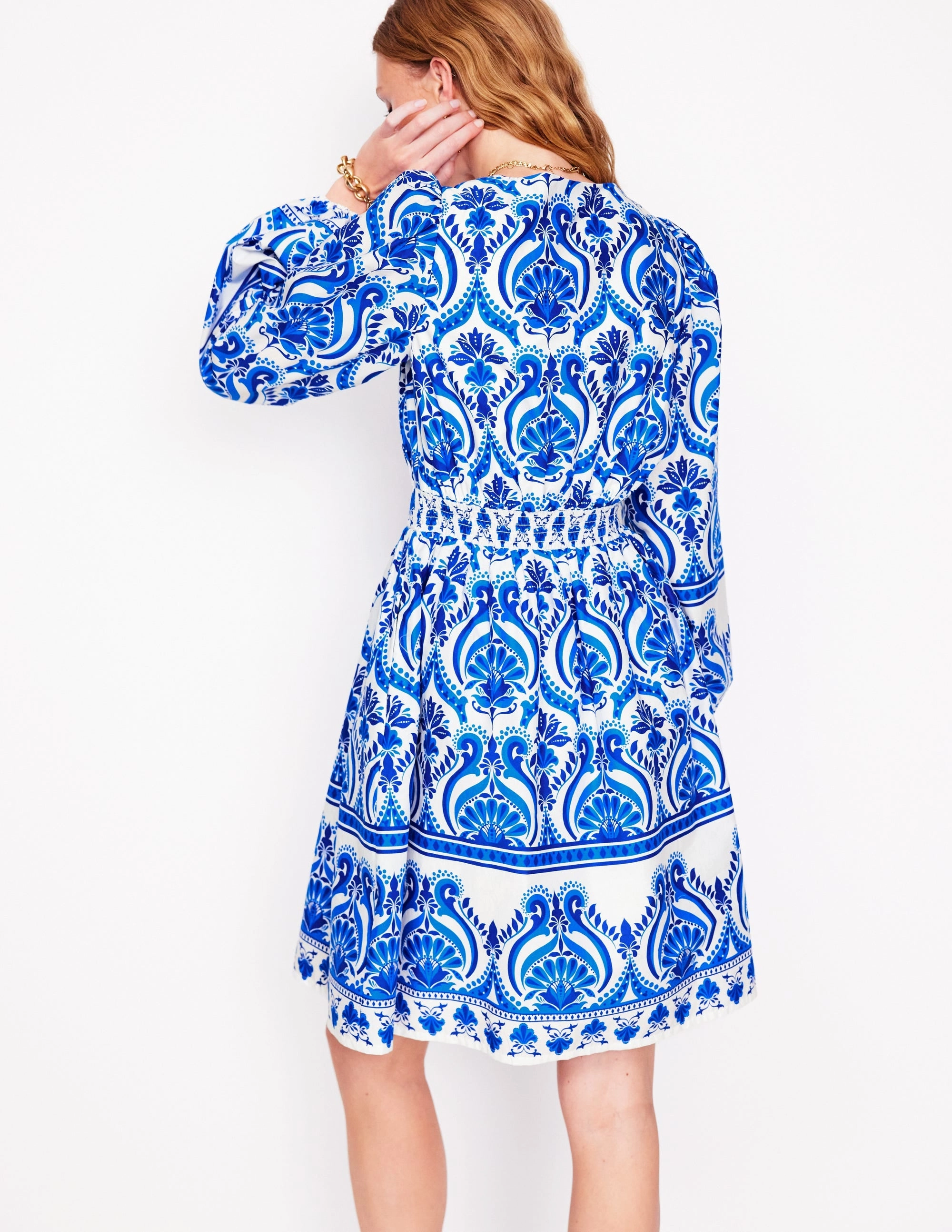 Mya Cotton Short Dress-Blue, Ornamental Floral Classic knee-length dress