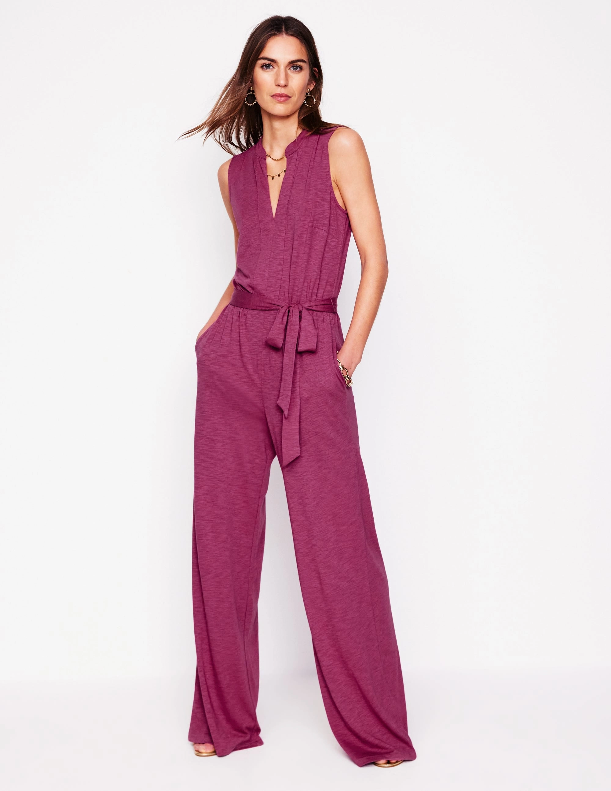 Naomi Notch Jersey Jumpsuit-Plum Purple Flowing Lines Subtle Glam