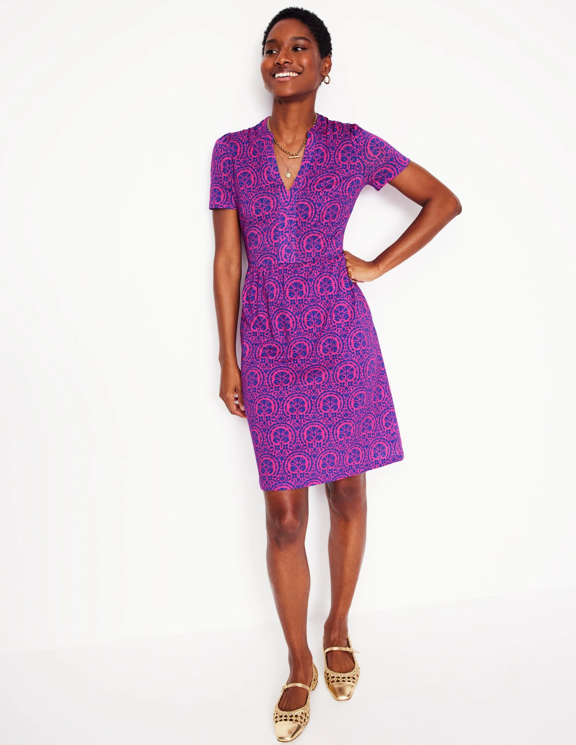 Naomi Short Sleeve Dress-Pink Peony Elaborate Stamp Skin Tone