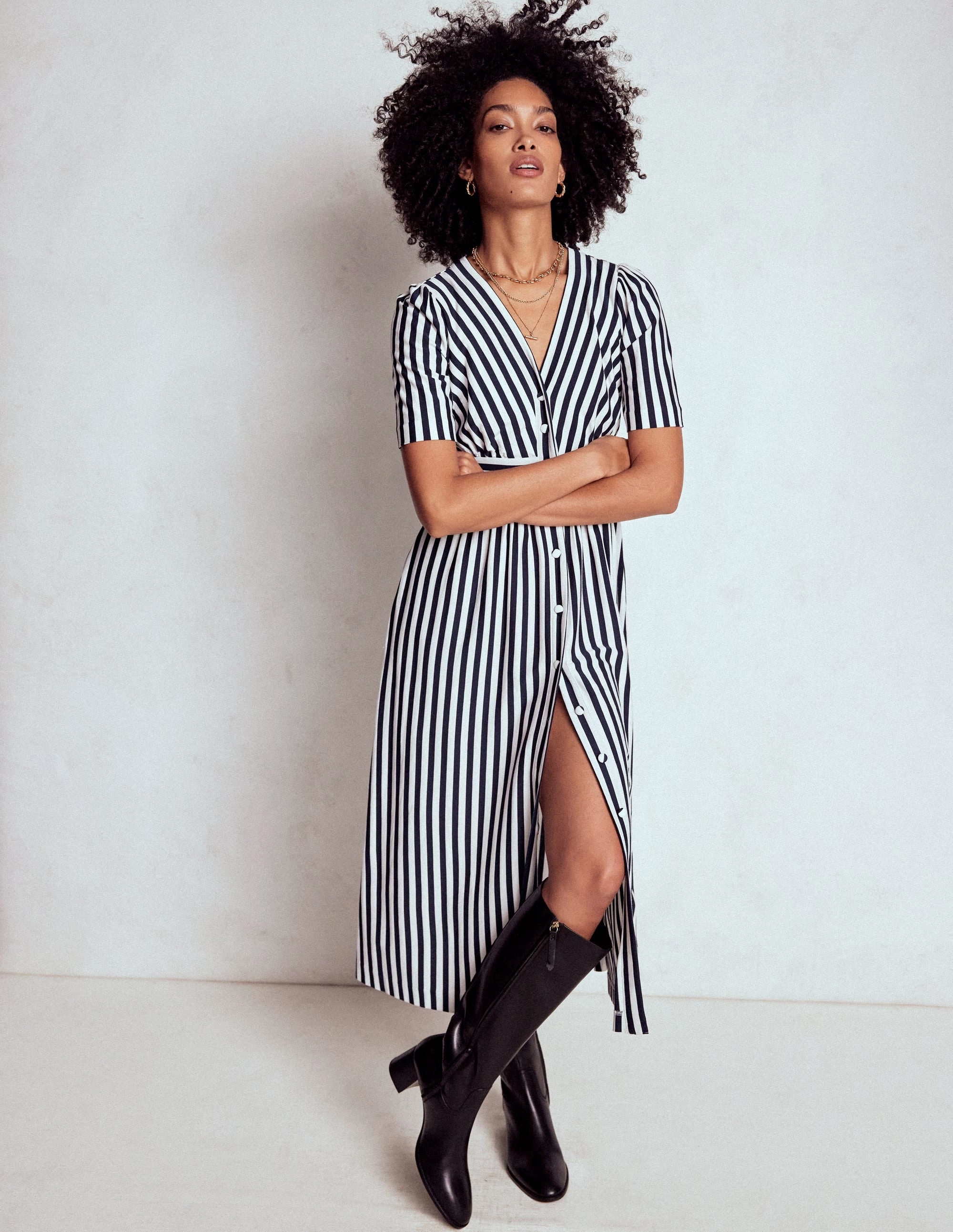 Natalia Jersey Tea Dress-French Navy, Ivory Stripe Neat Finish