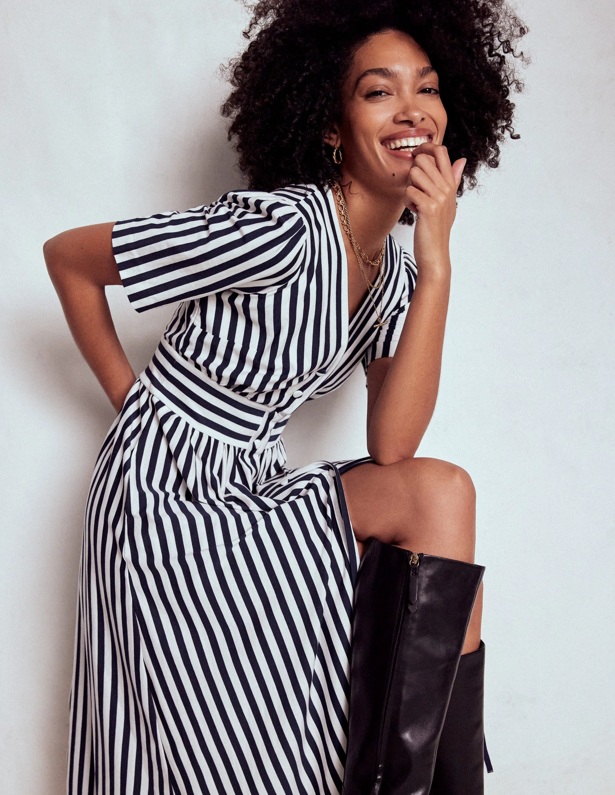 Fitted Style Natalia Jersey Tea Dress-French Navy, Ivory Stripe