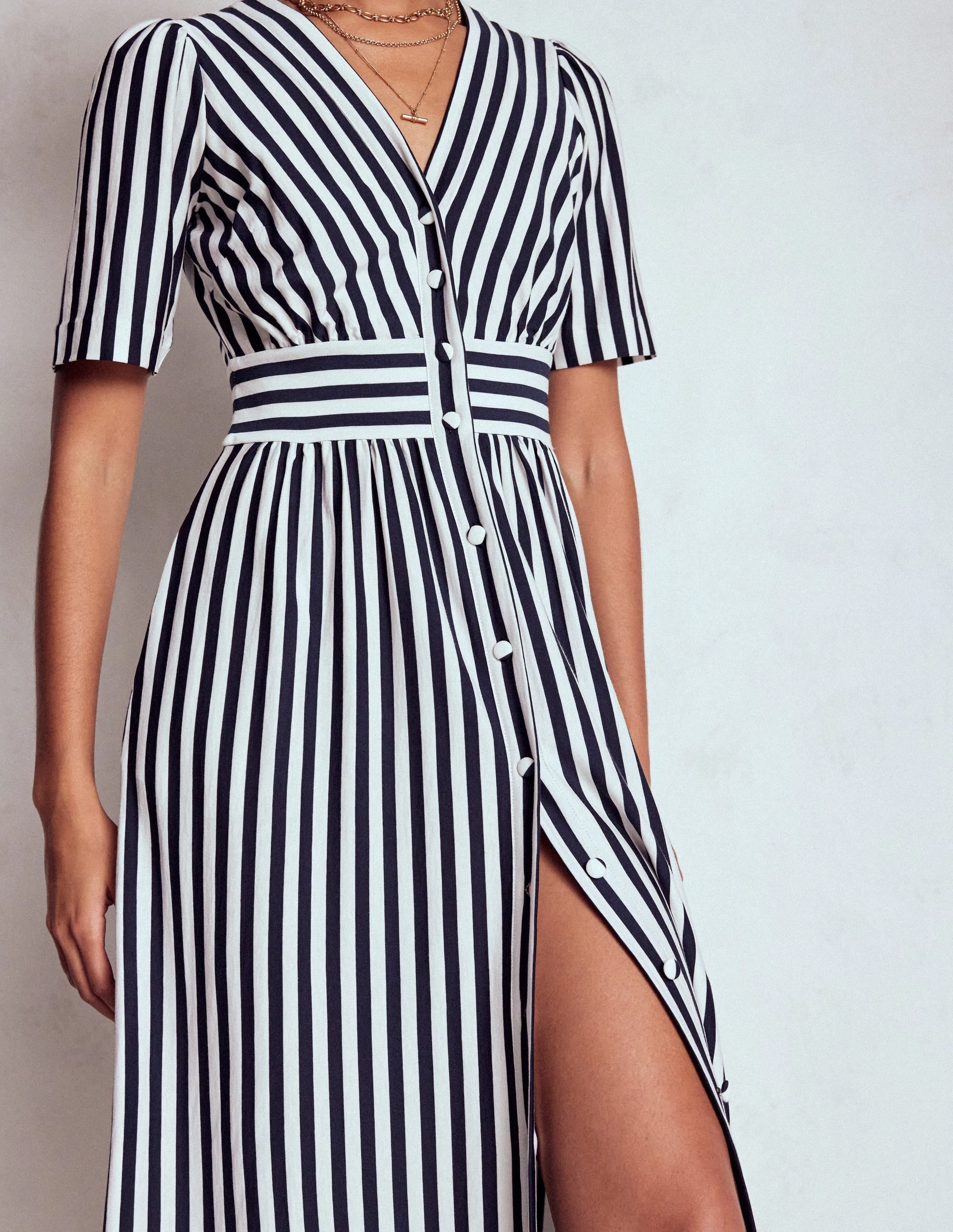 Natalia Jersey Tea Dress-French Navy, Ivory Stripe Form Fit