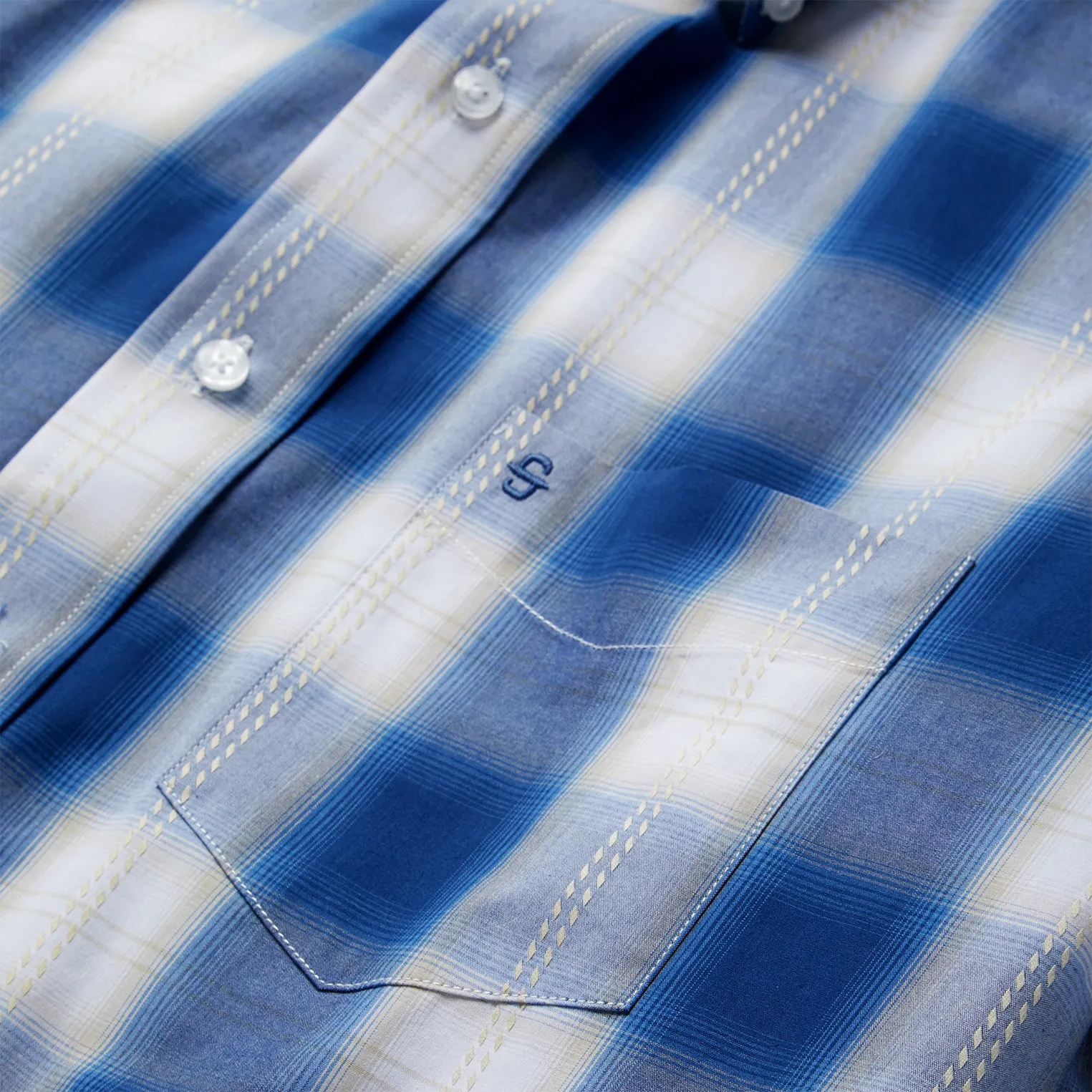 Navy Gold Ombre Plaid Short Sleeve Western Shirt Versatile Wear