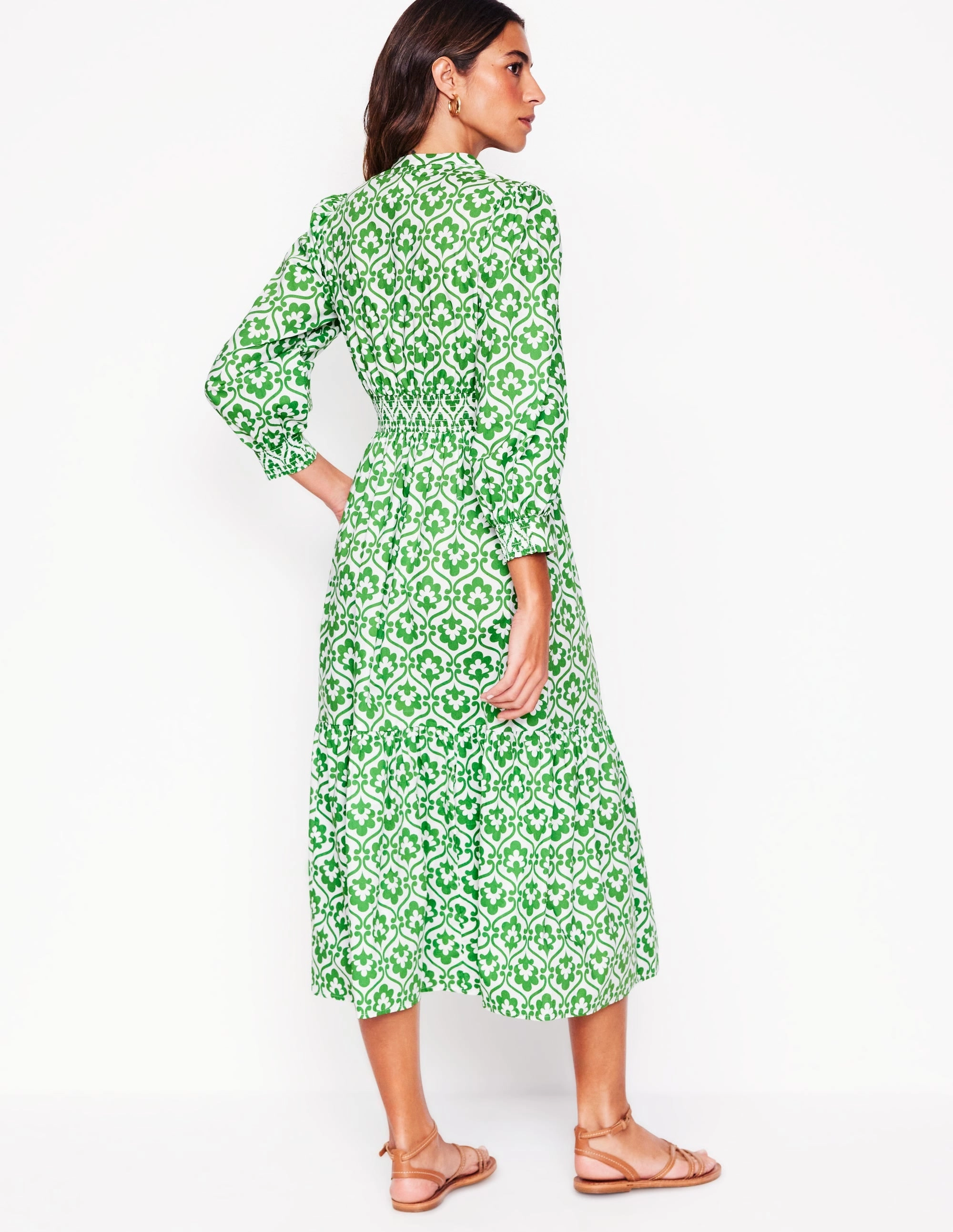 Clean Outfit Elena Tiered Cotton Midi Dress-Paradise Green, Ivy Trellis