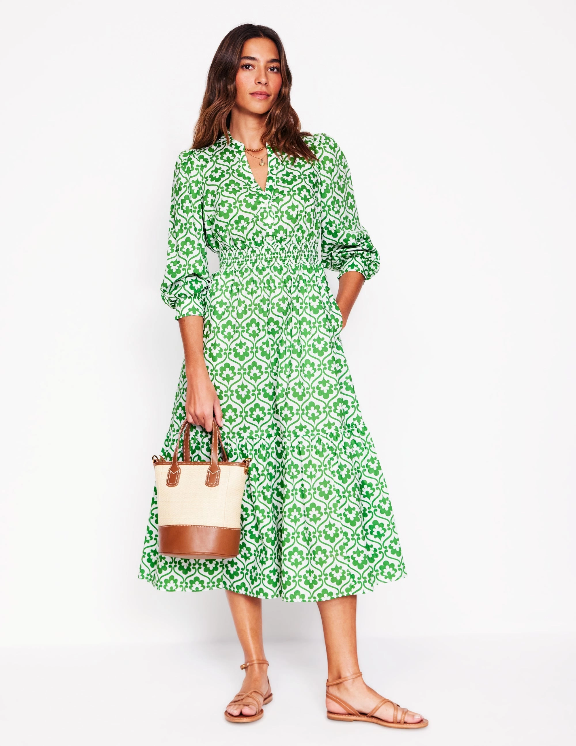 Relaxed Vibe slim fit Elena Tiered Cotton Midi Dress-Paradise Green, Ivy Trellis
