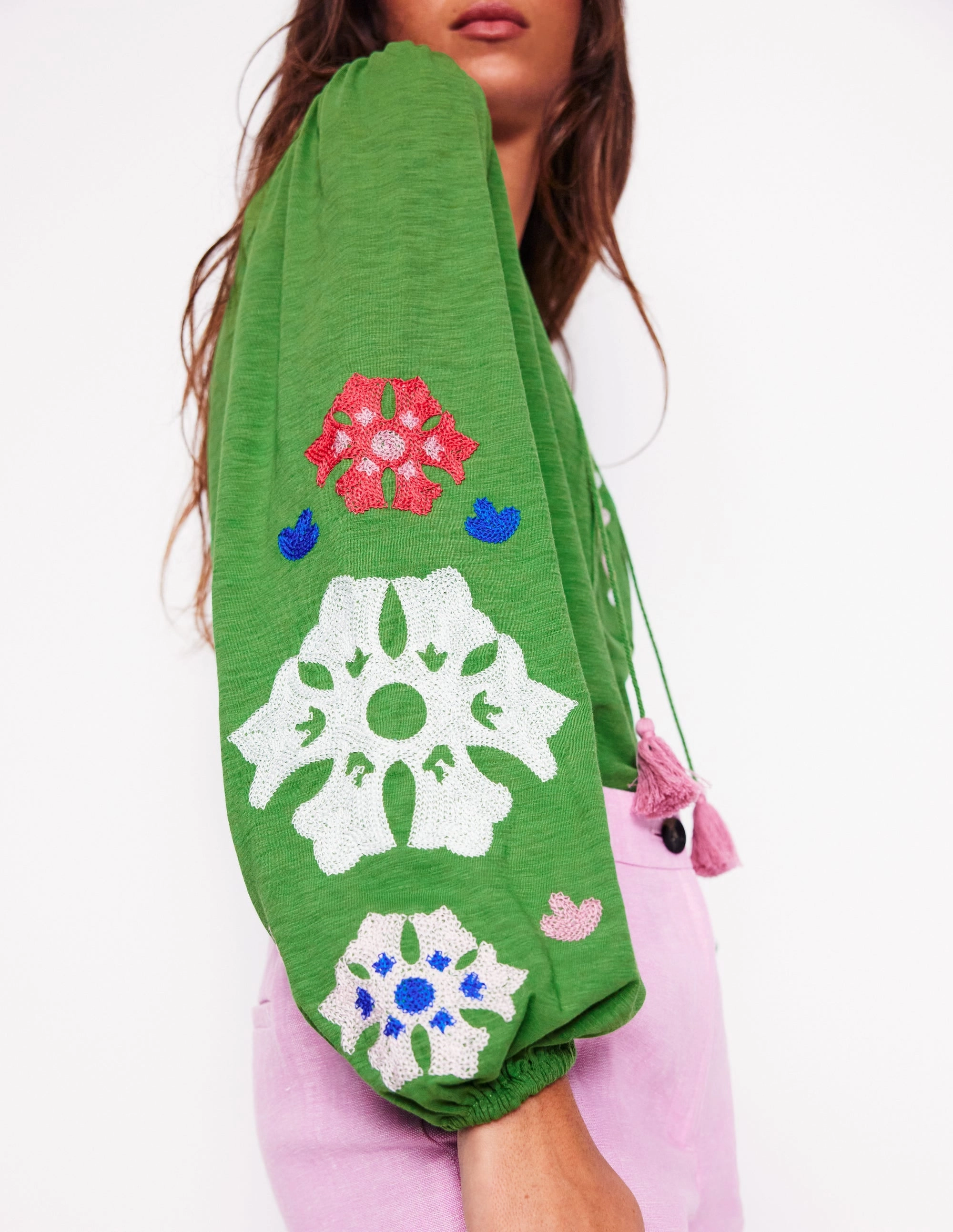 elastic waistband Nia Embroidered Top-Paradise Green