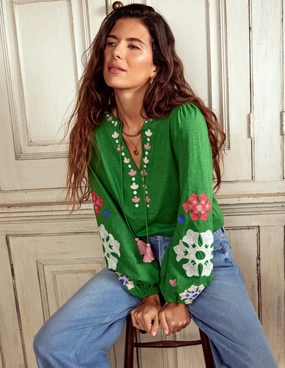 Organic Cotton Blend Sporty Appeal Nia Embroidered Top-Paradise Green