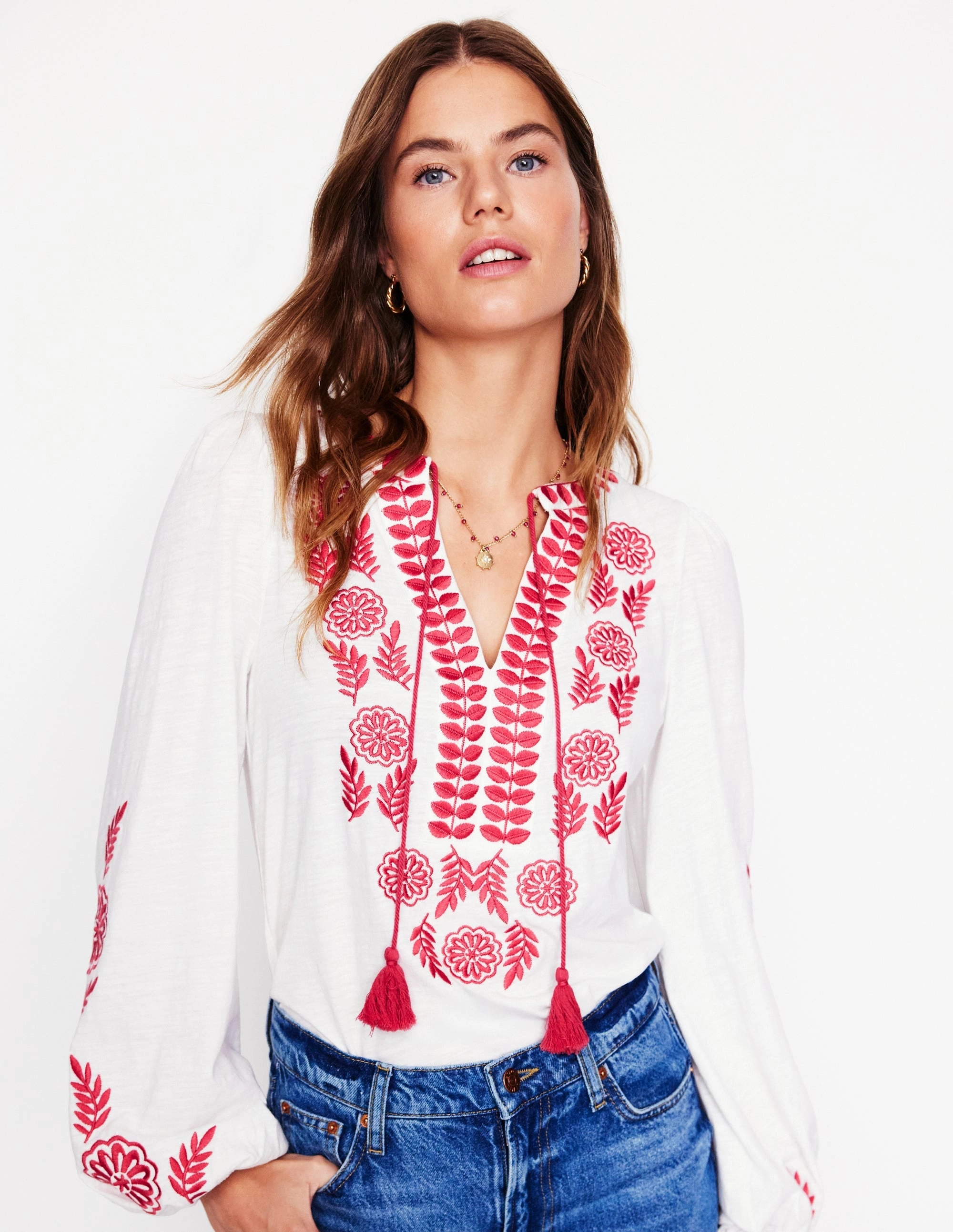 layerable Nia Embroidered Top-White, Berry Red