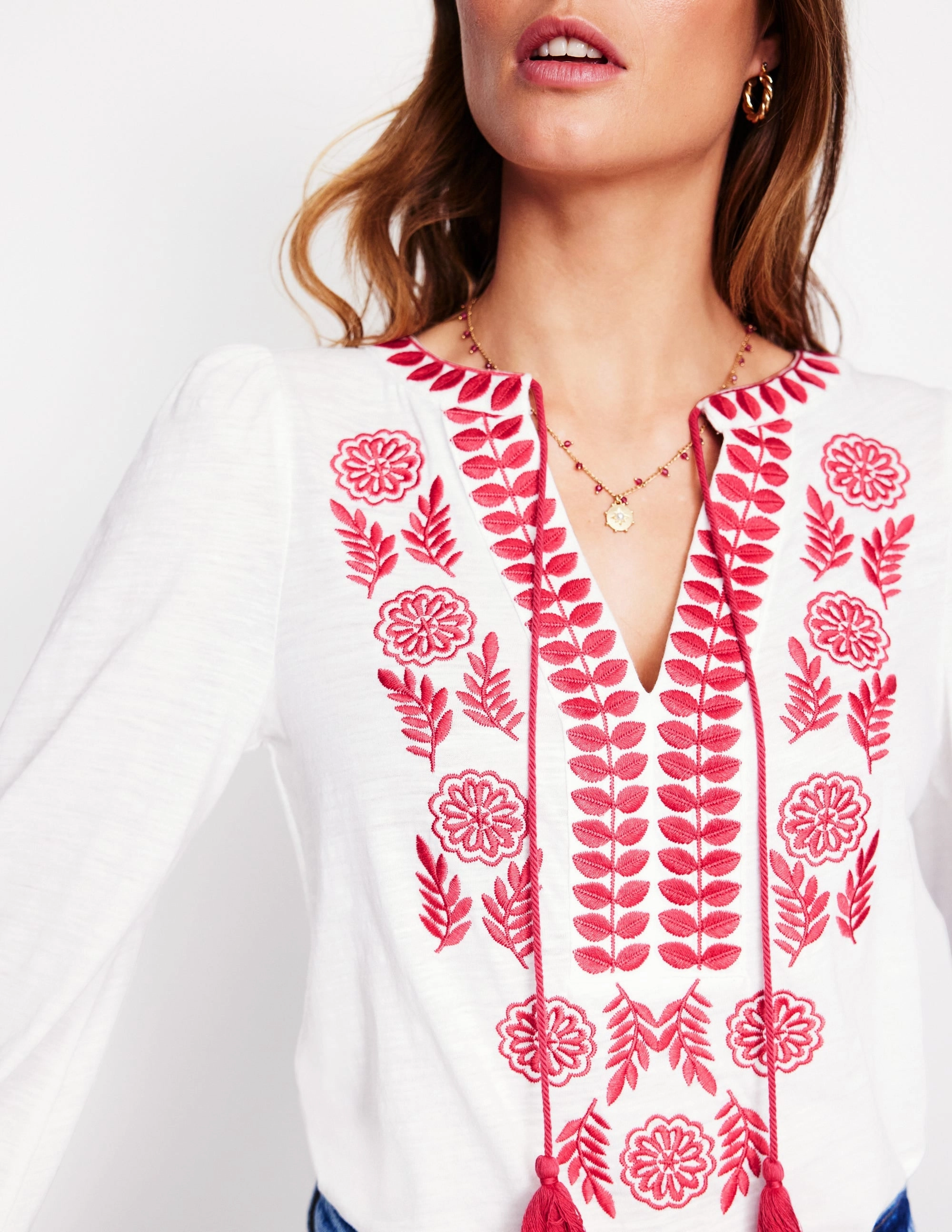 Nia Embroidered Top-White, Berry Red hypoallergenic Basic Wear