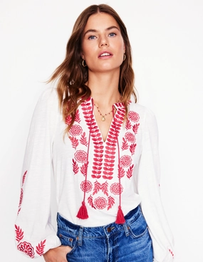 layerable Nia Embroidered Top-White, Berry Red