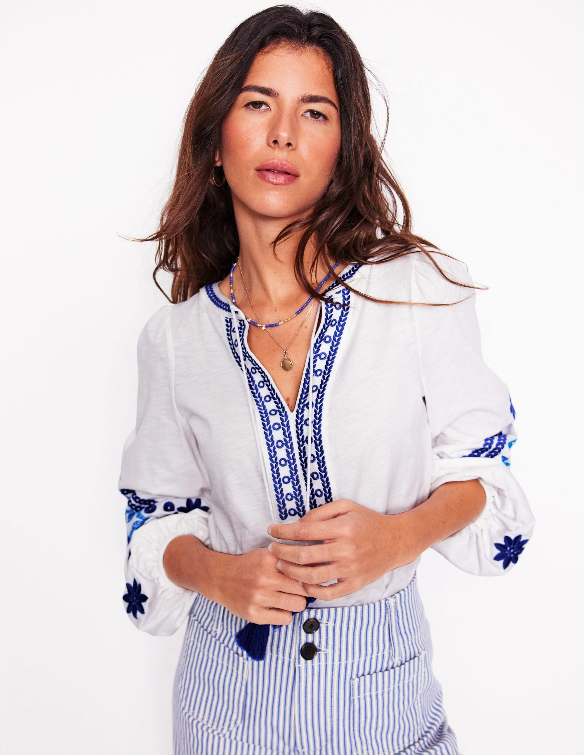 Street Comfort Style Nia Embroidered Top-White, Blue
