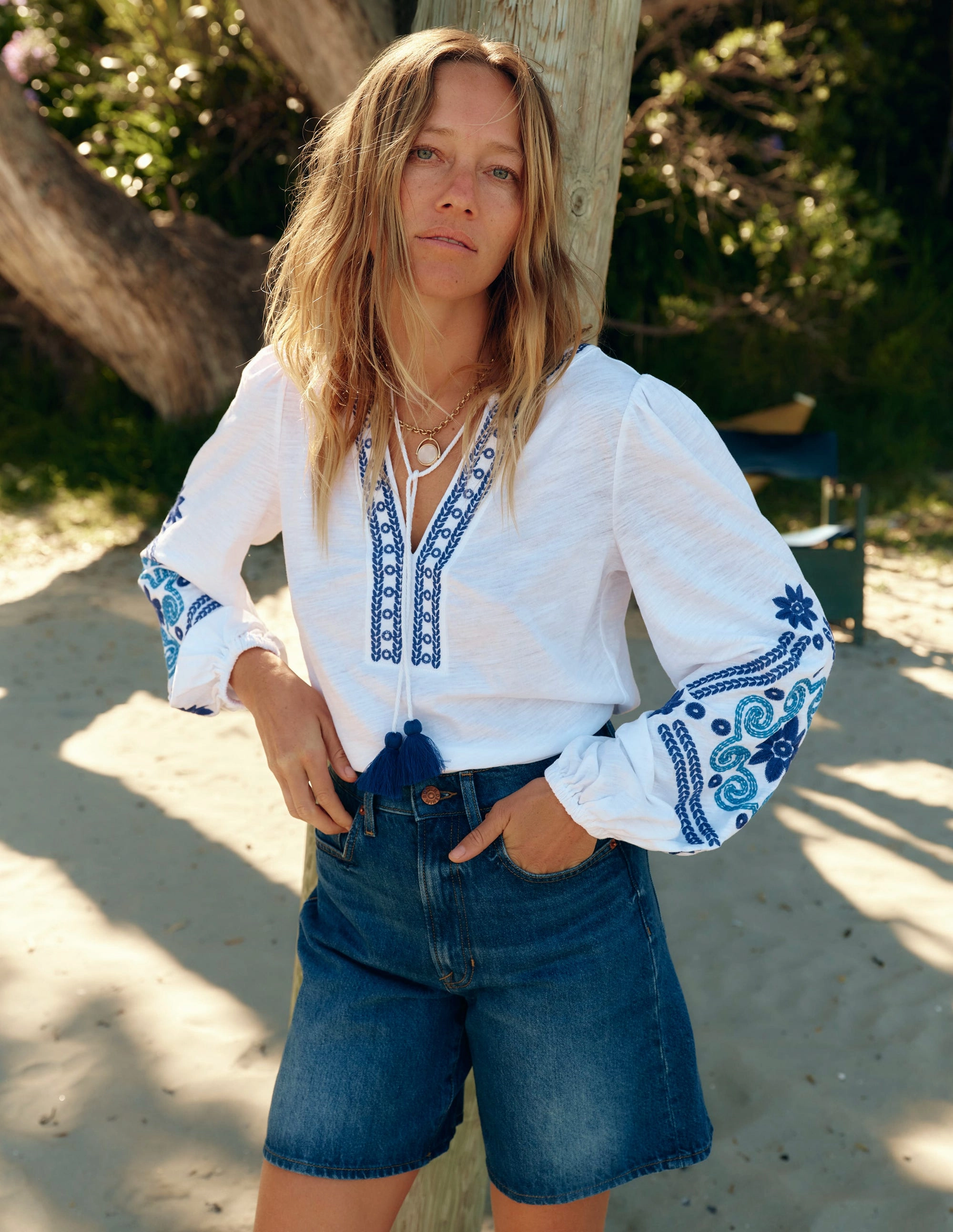 Nia Embroidered Top-White, Blue Flexible Neckband Cozy Style