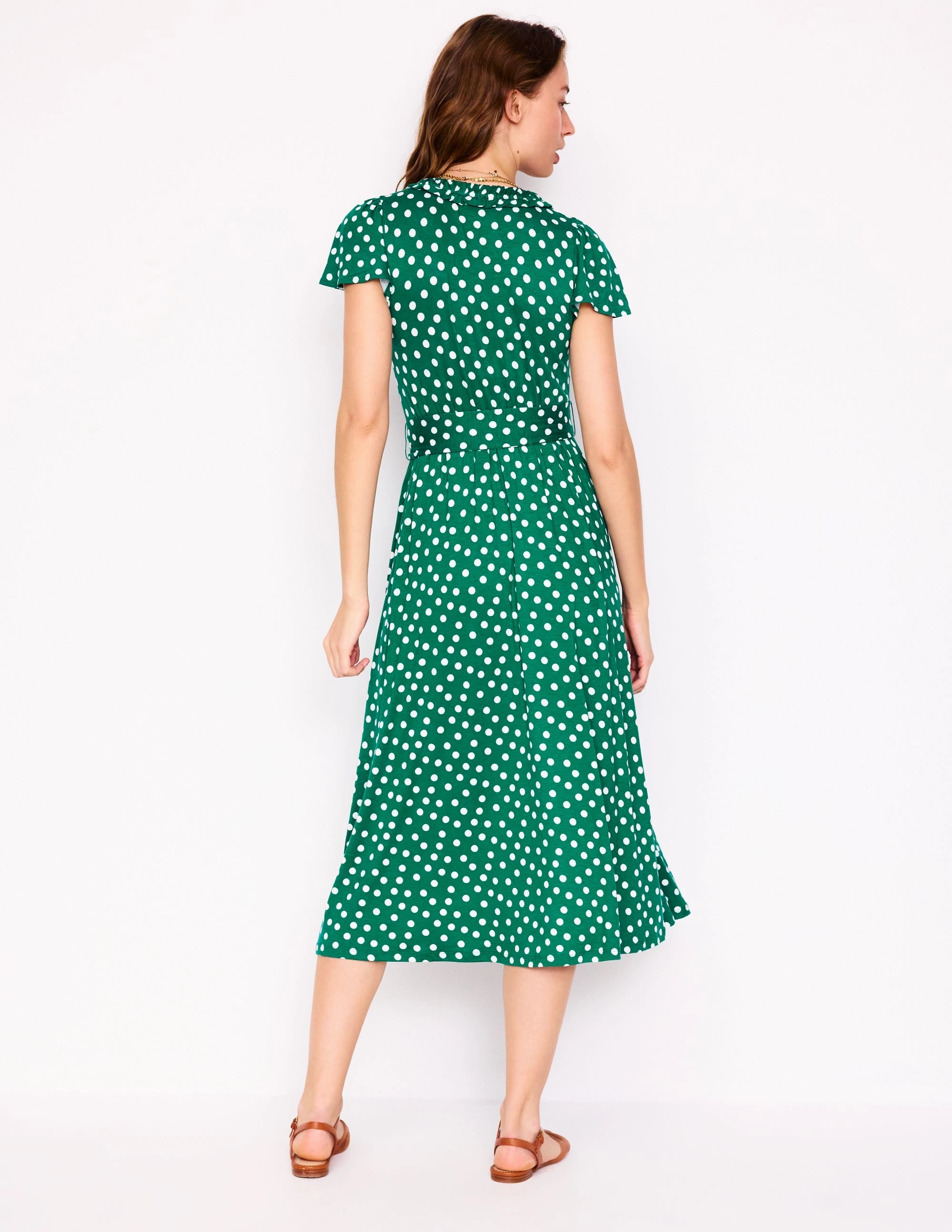 Practical work-to-play piece Nicola Jersey Tea Dress-Forest Grass, Painted Dot