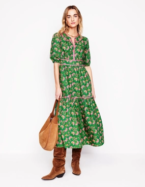 Rhea Embroidered Midi Dress-Green, Decorative Vine Moment Glow