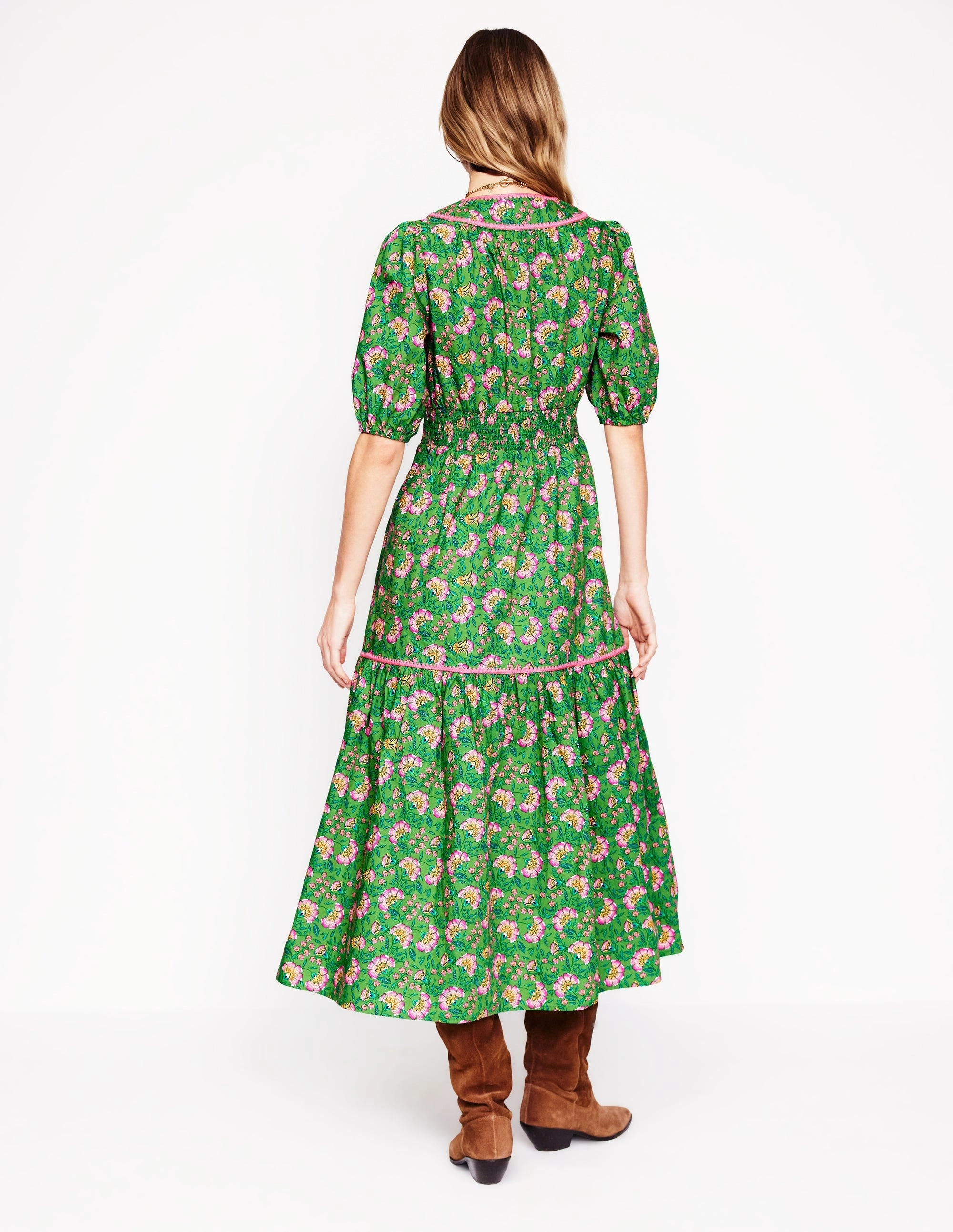 Rhea Embroidered Midi Dress-Green, Decorative Vine Inclusive Fit Care-Instructions-Included