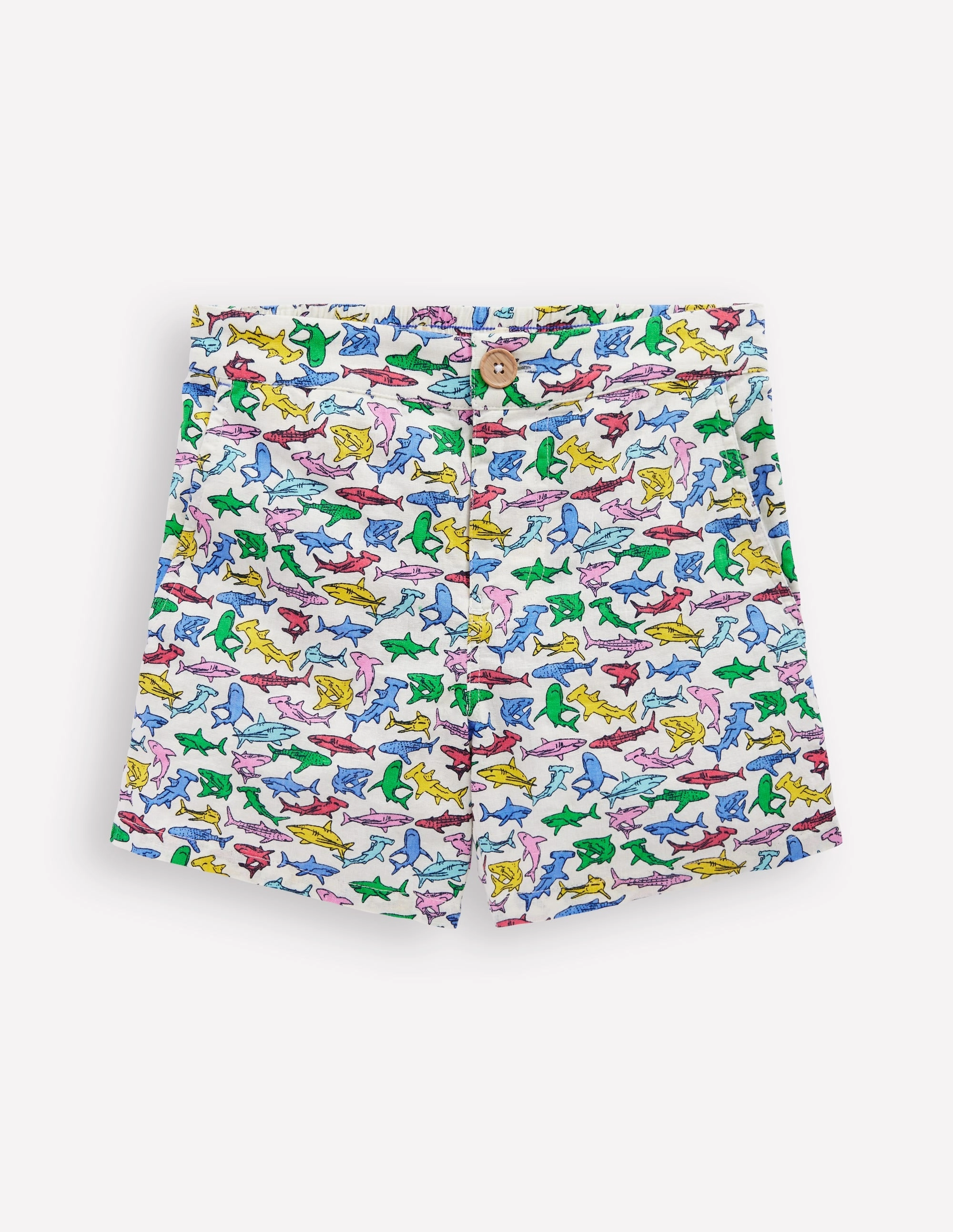 Relaxed Fit GussetDesign Cotton Linen Shorts-Multi Micro Sharks