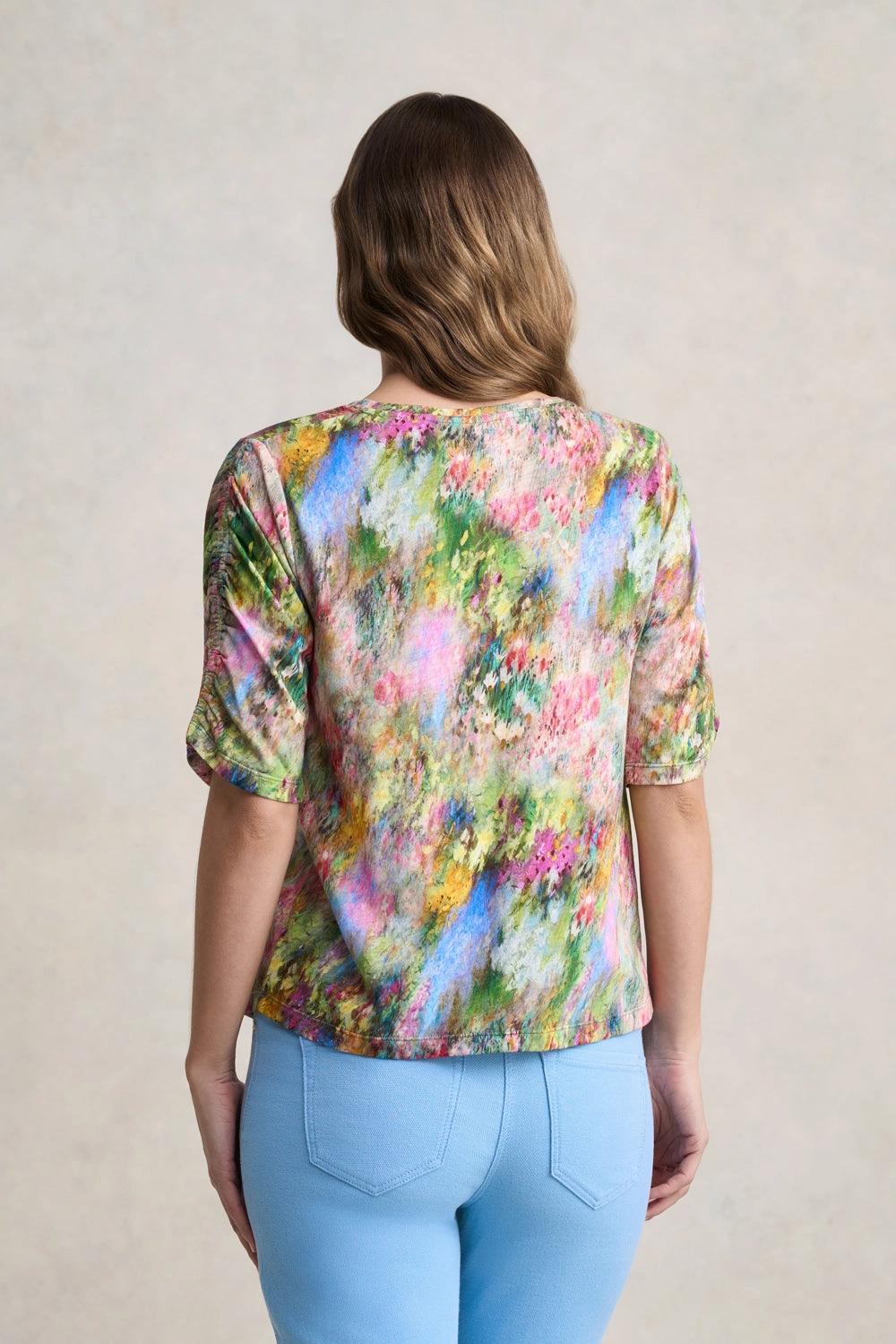 Chic Cardigan Loose cut Ruched Sleeve T-Shirt ?C Meadow Print