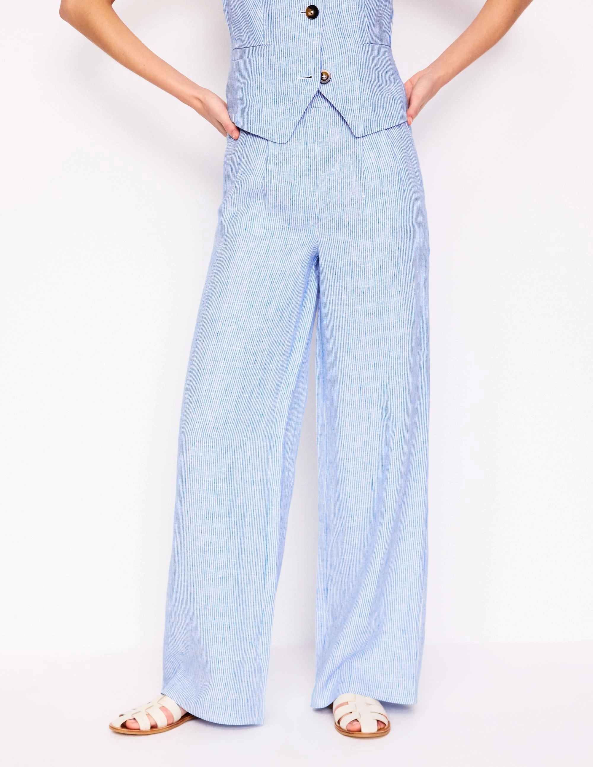 Versatile Wearable Non Clip Dulwich Linen Trousers-Kingfisher Blue Fine Stripe