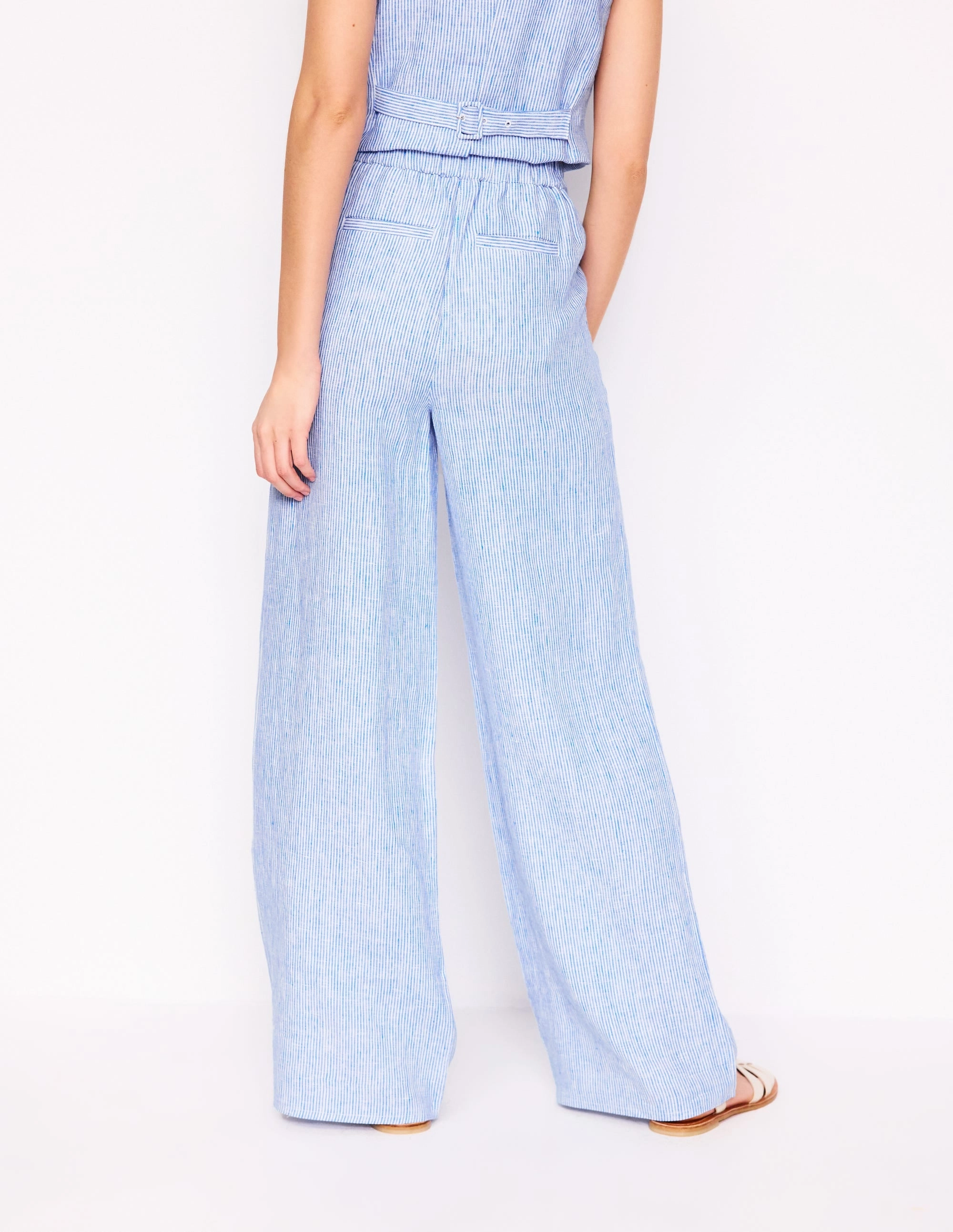 Dulwich Linen Trousers-Kingfisher Blue Fine Stripe Durable Weave Non-Binding Fit