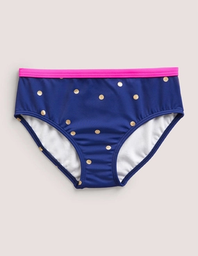 Neutral Tone Trims Beach Ready Swim Patterned Bikini Bottoms-Harmony Blue Gold Spot