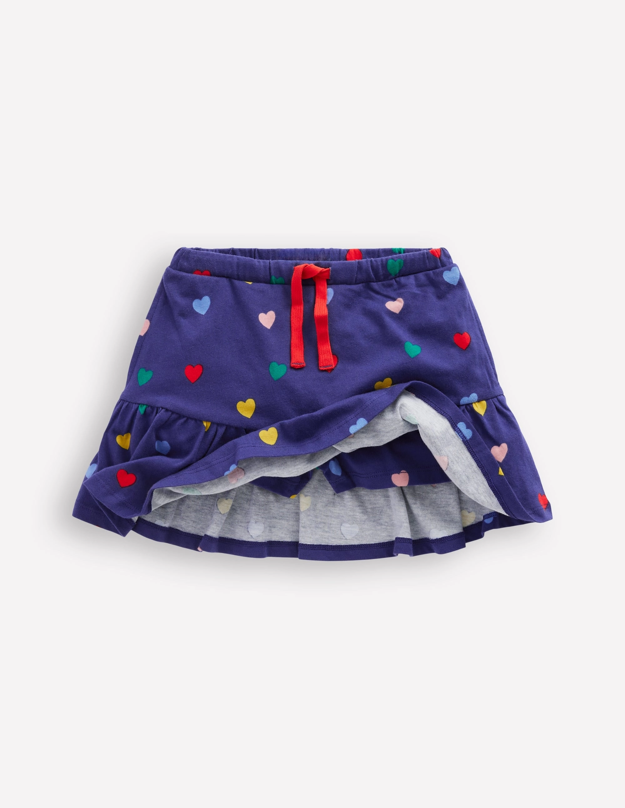 Crisscross Details Wrinkle Resistant Finish Tiered Jersey Skort-Starboard Blue Multi Hearts