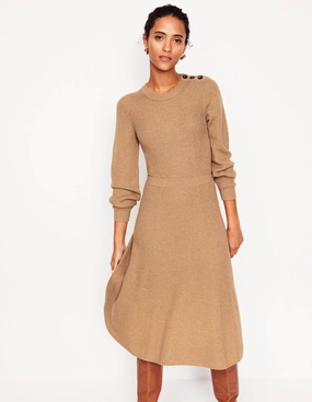 Classic Layer Button Shoulder Knitted Dress-Camel Melange