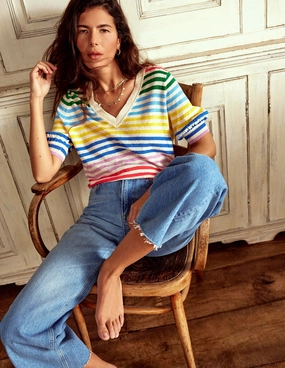 Liv V-Neck Linen T-Shirt-Banded Rainbow Stripe Microfiber Inner Layer