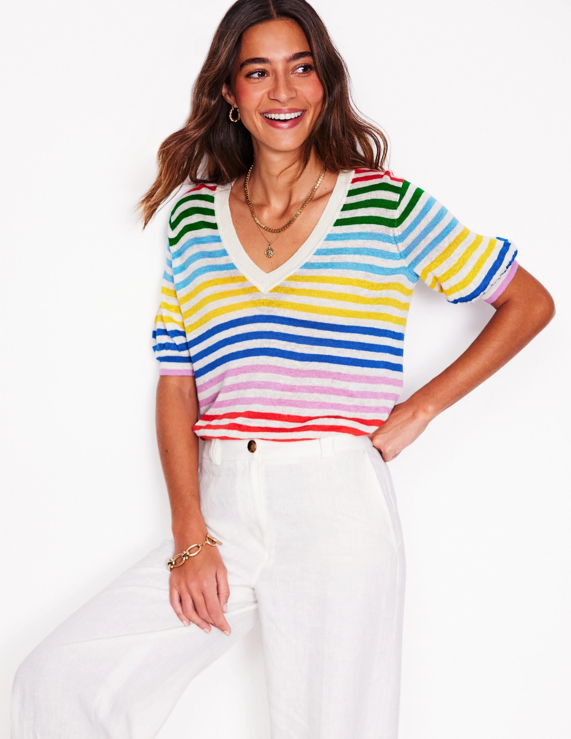 Non Restrictive Cuff Liv V-Neck Linen T-Shirt-Banded Rainbow Stripe
