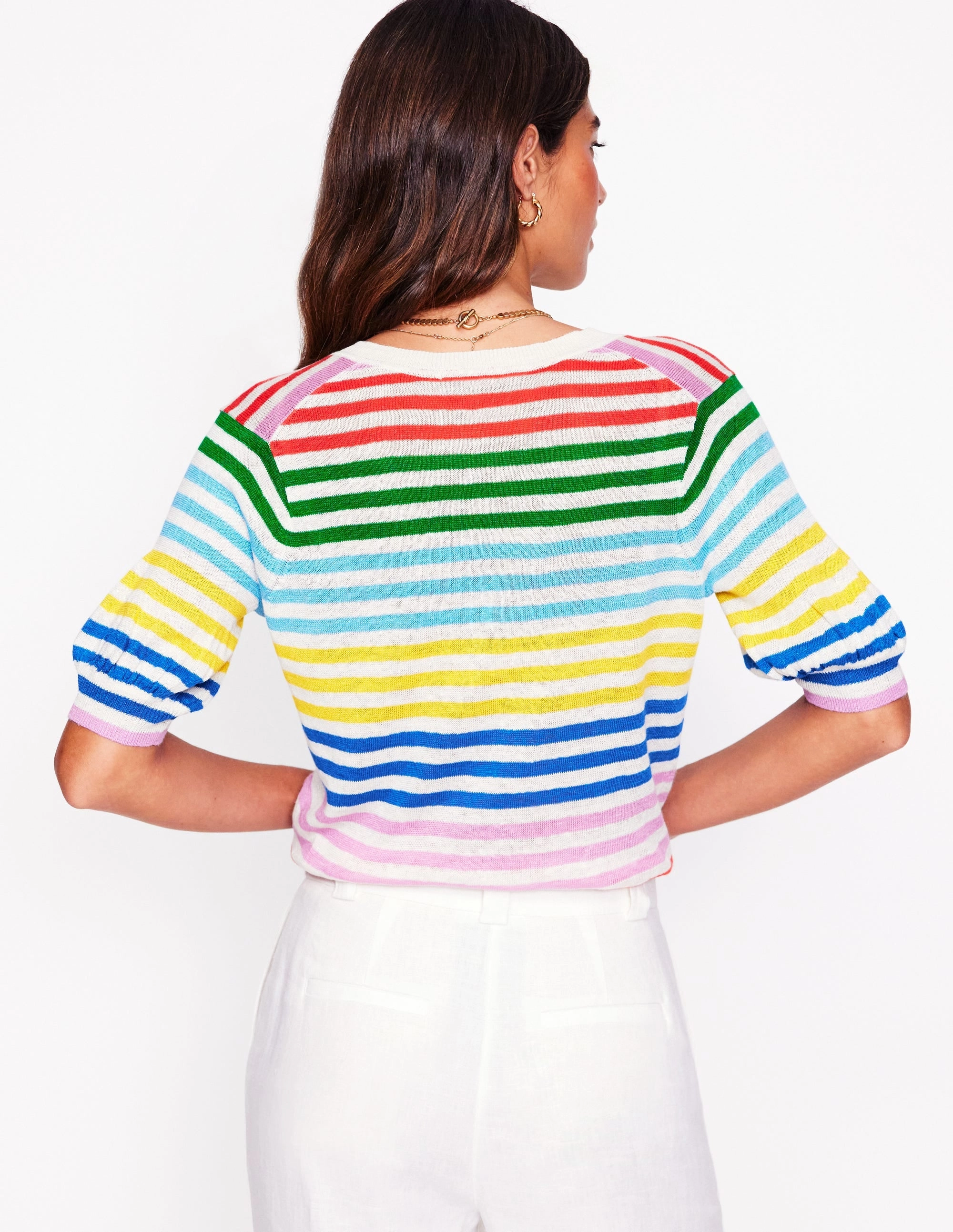 Modern Comforted Organic Cotton Blend Liv V-Neck Linen T-Shirt-Banded Rainbow Stripe