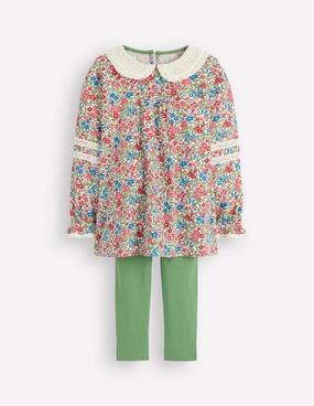 Quick Fit Wear Relaxed Movement Broderie Collar Tunic Set-Vintage Pink Spaced Ditsy