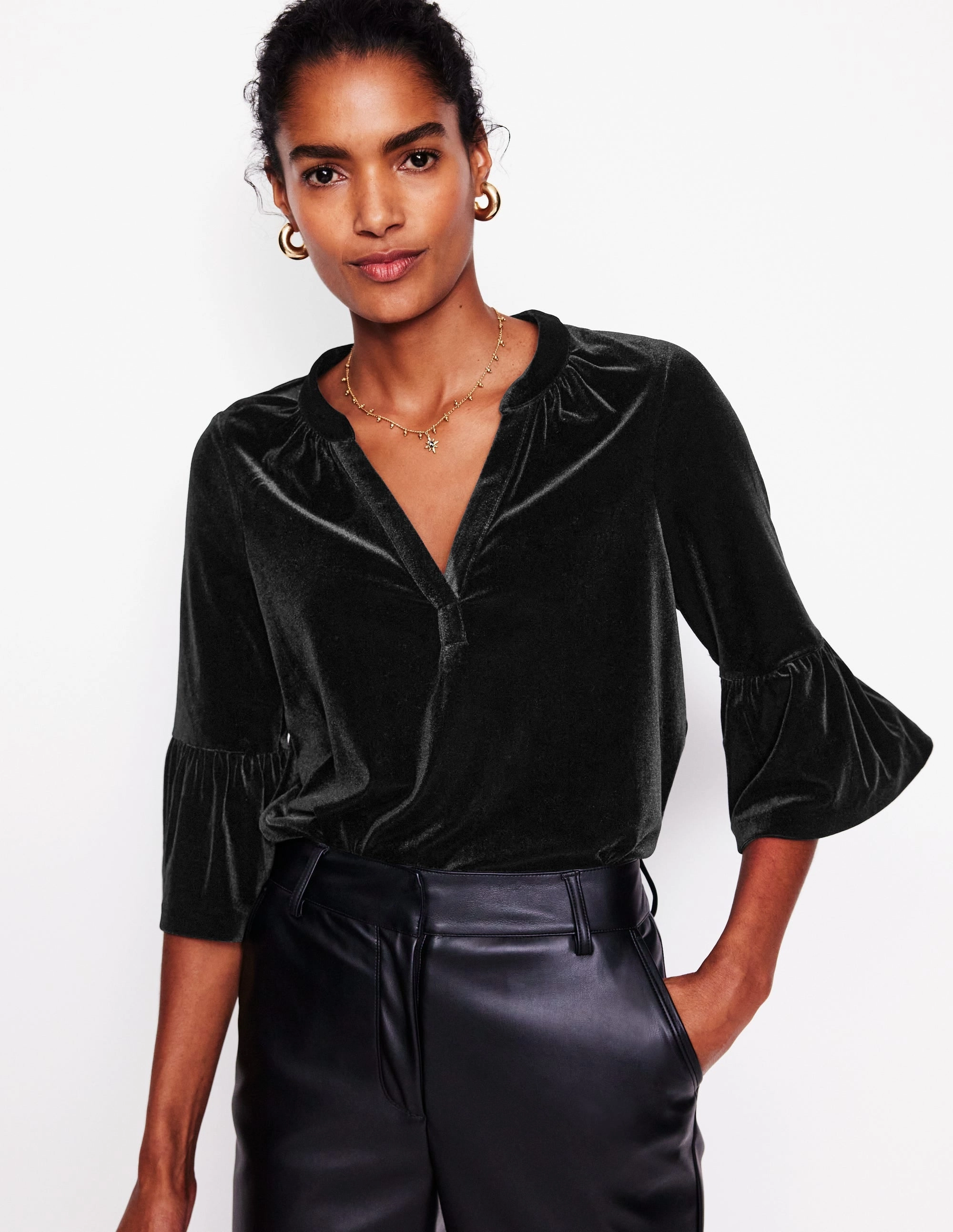 Notch Neck Frill Velvet Top-Black Active Comfort