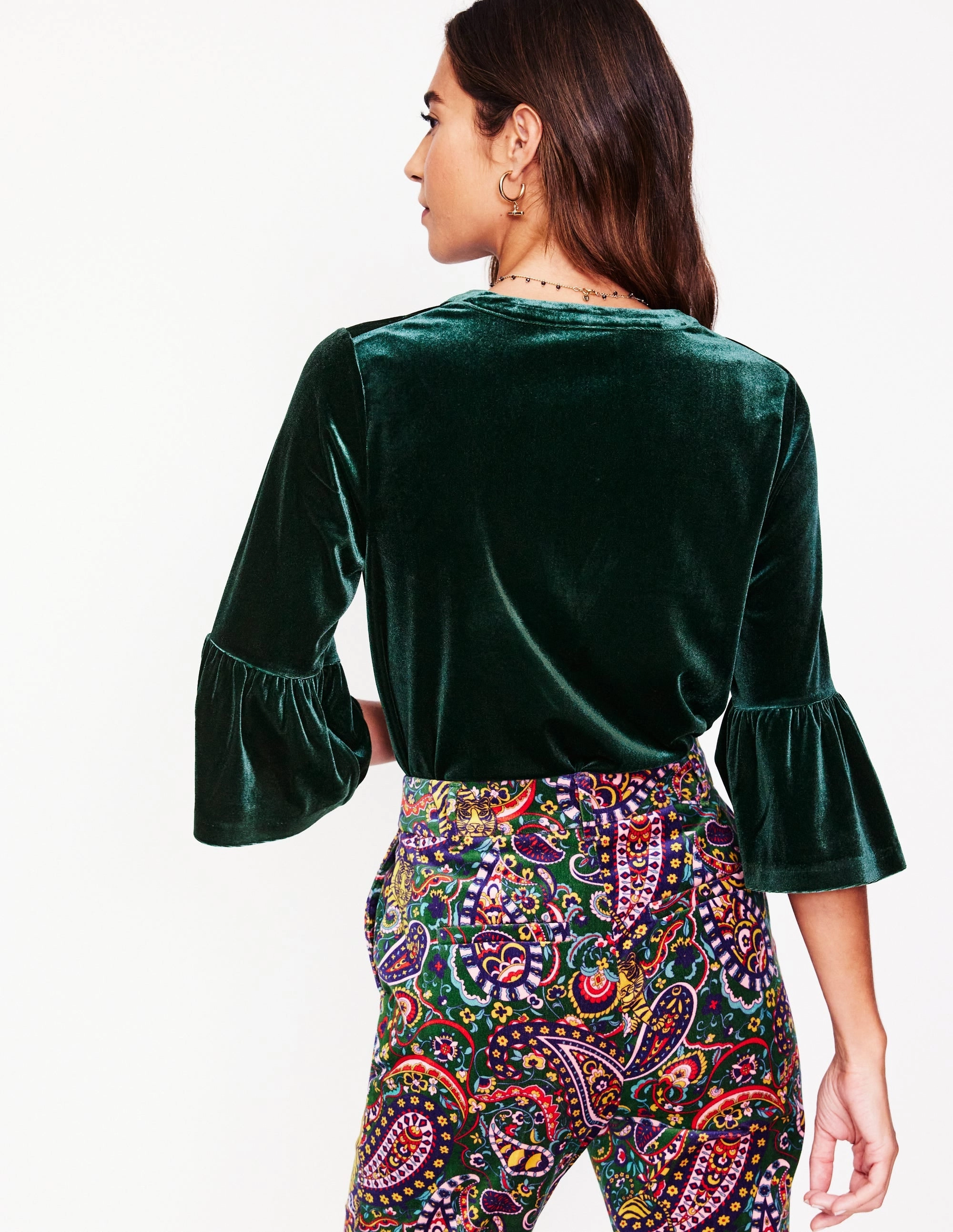 MultiPly Fabric Casual Design Notch Neck Frill Velvet Top-Glade