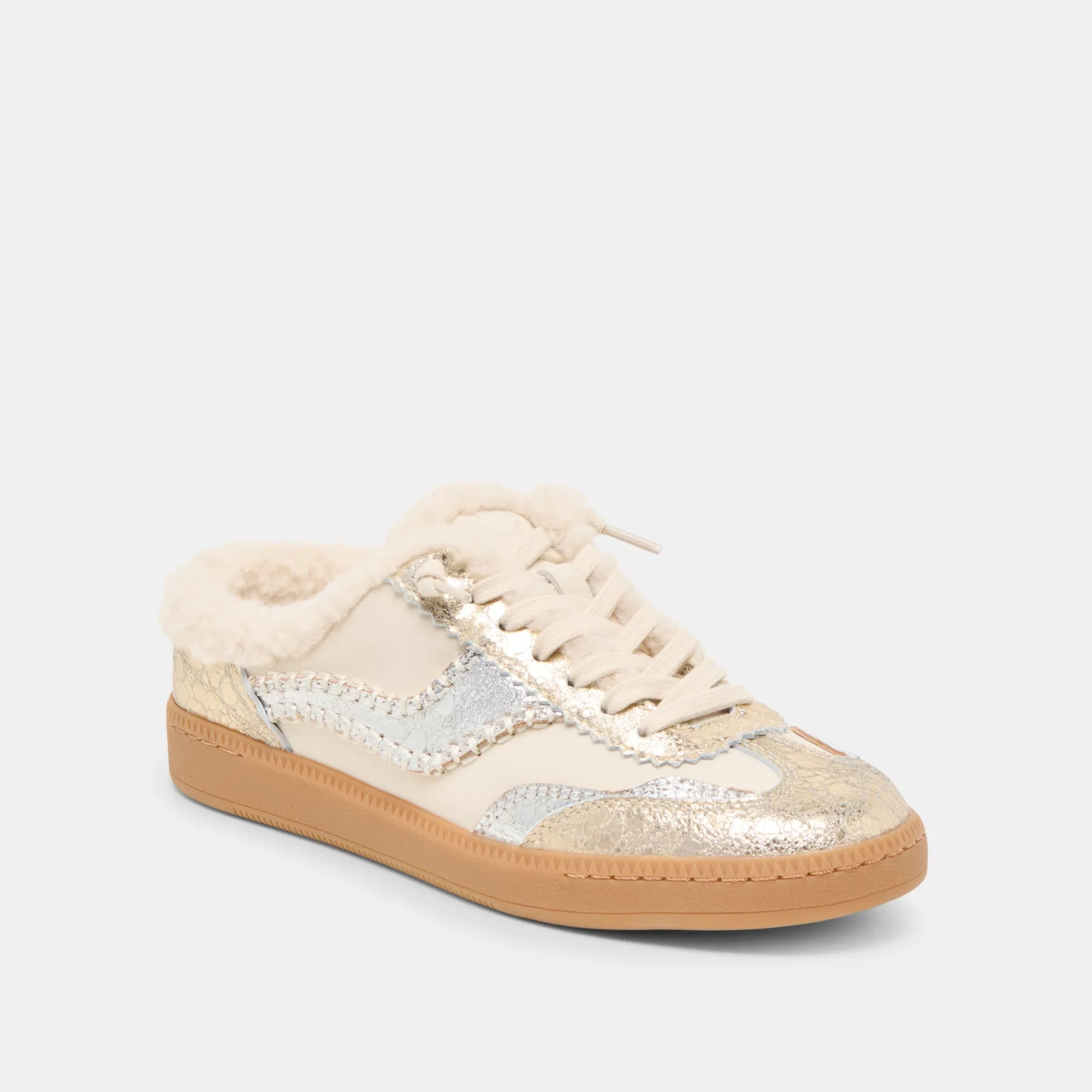 Flat Sole Ultra-soft fit NOTICE SLIDE PLUSH SILVER GOLD CRACKLED LEATHER