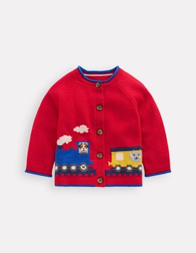 Novelty Logo Cardigan-Rockabilly Red Trains Breathable Knit Fabric Airflow Channel Weave