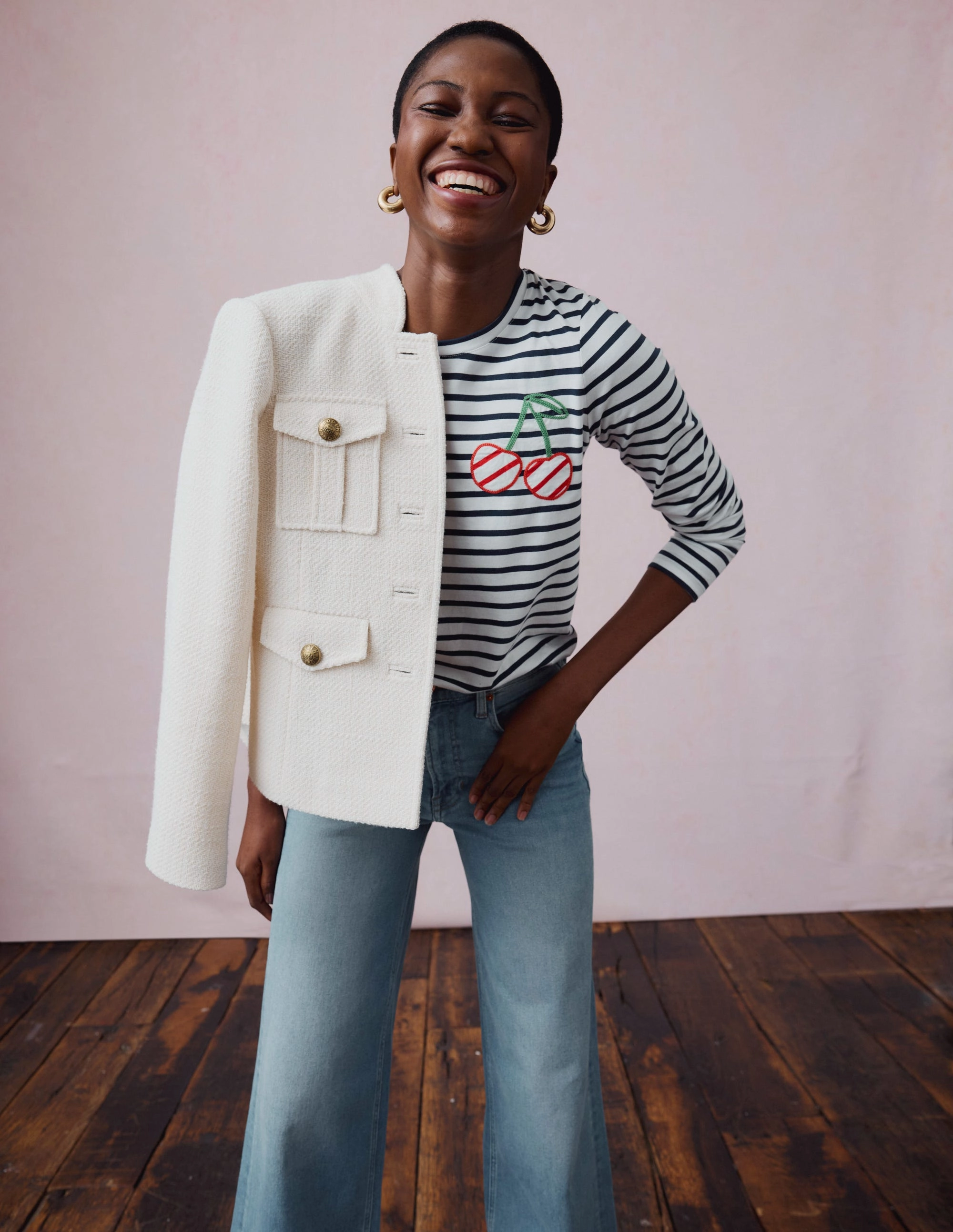 Novelty Long Sleeve Jersey Top-Ivory, Navy Cherries Versatile Top Sleeveless