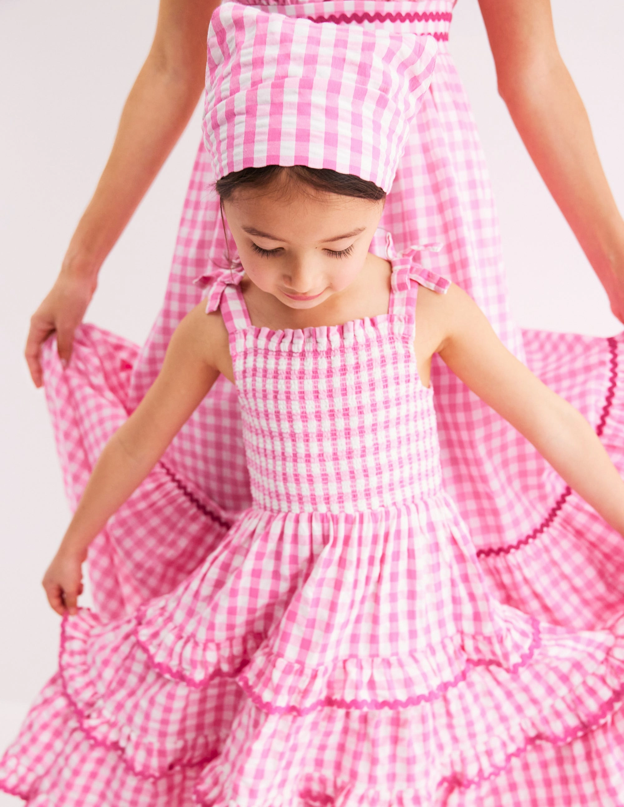Light Elegance Relaxed Layer Odette Tiered Woven Sundress-Pink Gingham Daisies