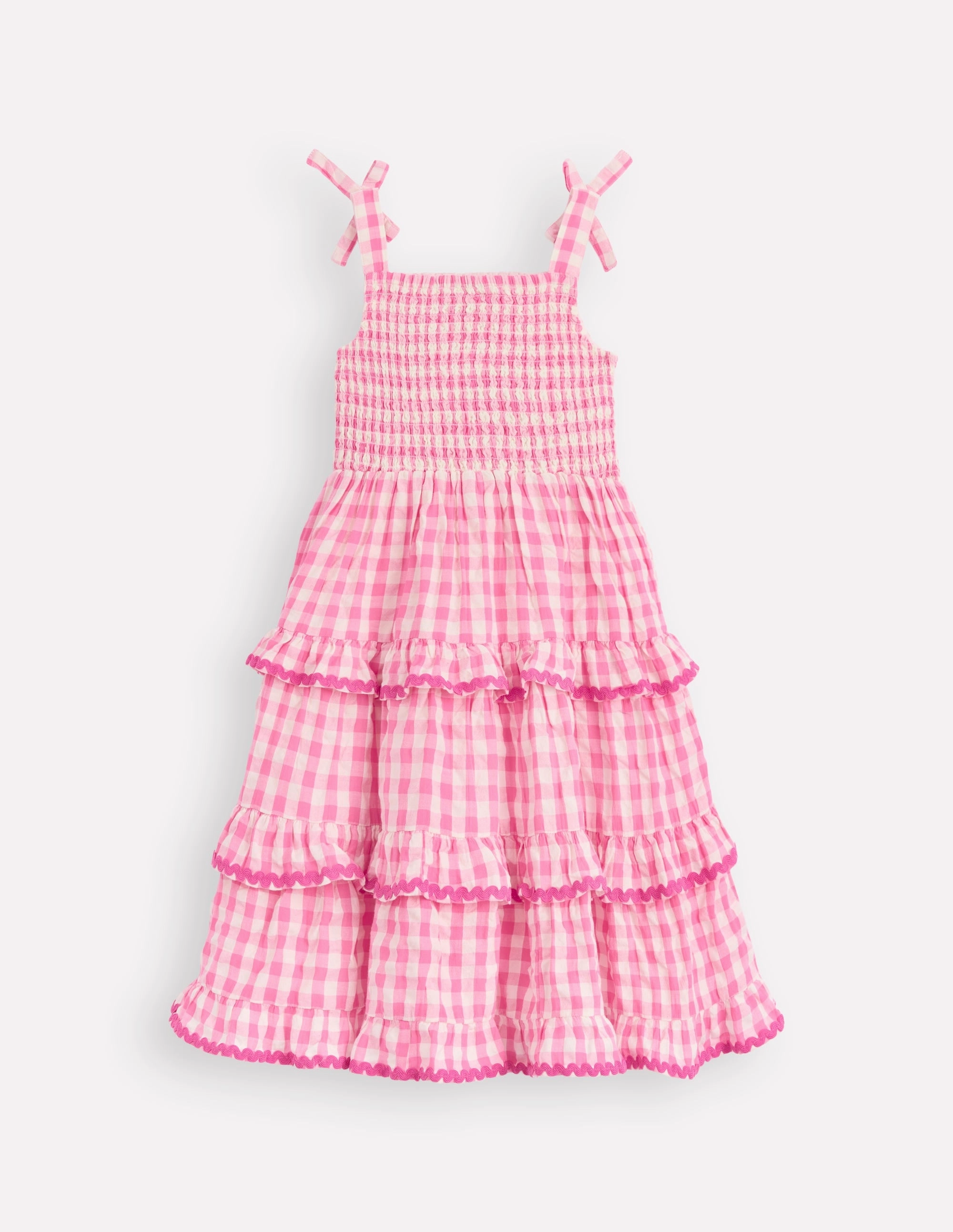 Polished and Elegant Odette Tiered Woven Sundress-Pink Gingham Daisies