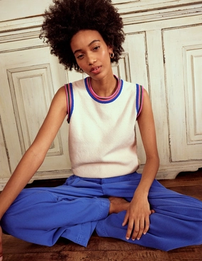 Flexible Knit Construction Non Chafing Fabric Callie Crochet Trim Tank-Warm Ivory, Rainbow Trim