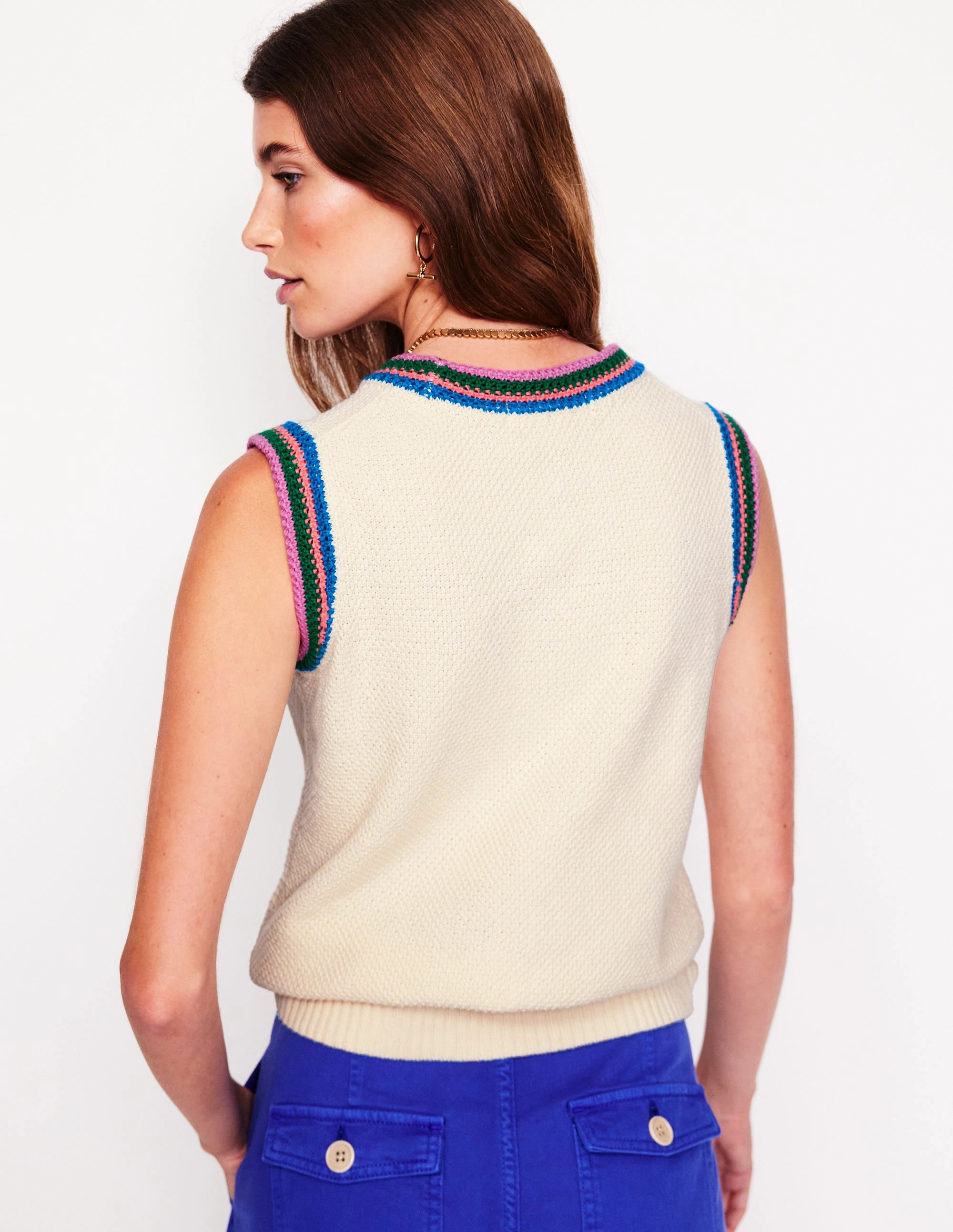 Fresh Warmth Yarn Dyed Callie Crochet Trim Tank-Warm Ivory, Rainbow Trim