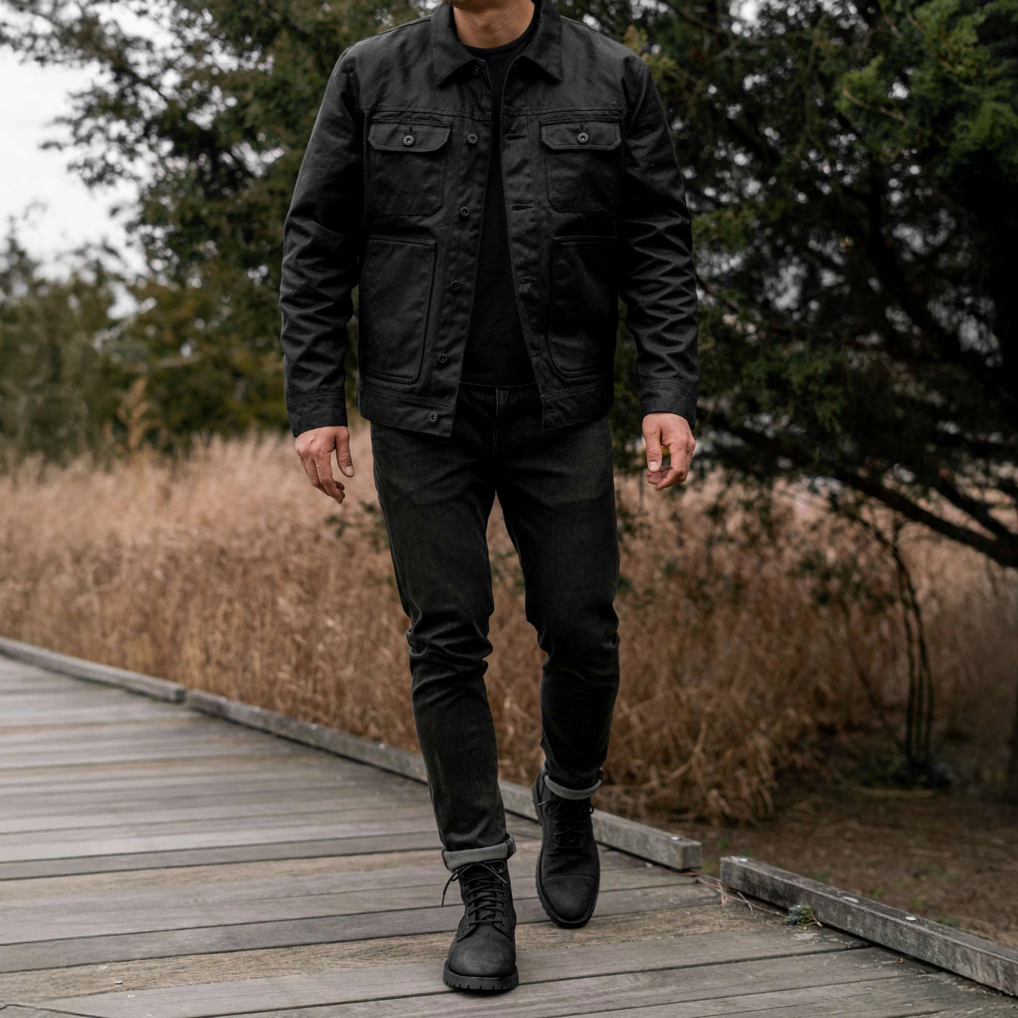 Waxed Trucker Jacket | Black Hiking Style Drop Hem