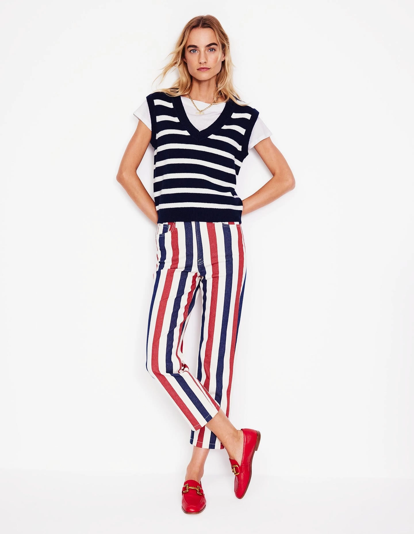 Olivia Merino Tank-Navy, Ivory Compression Knit Support Fresh Casual Wear