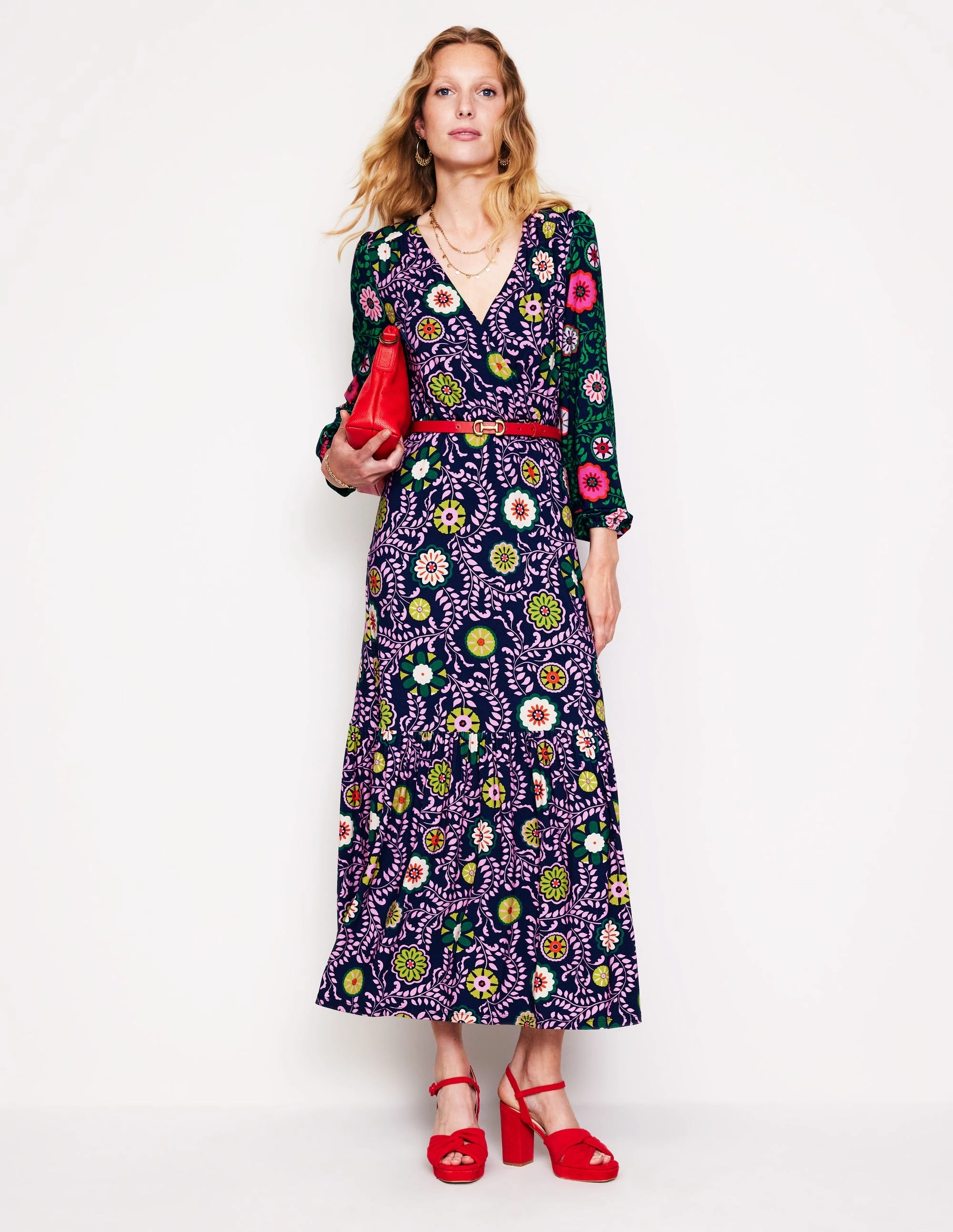Natural Silhouette Ophelia Wrap Midi Jersey Dress-Multi, Meadow Vine