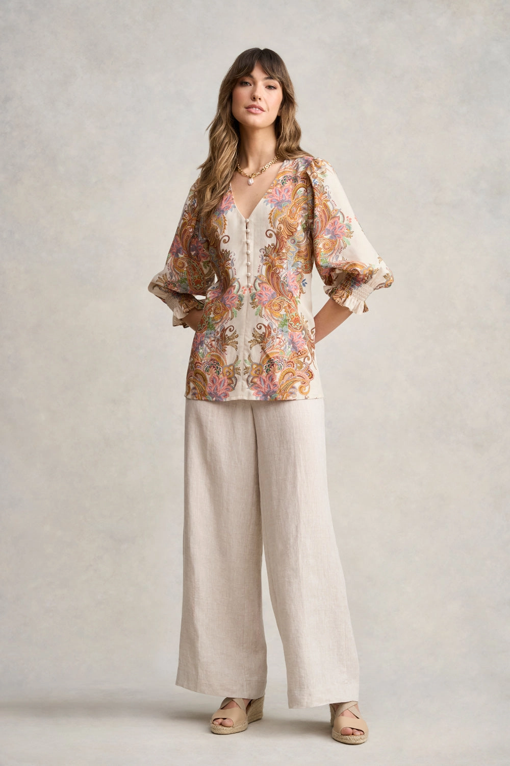 DropShoulderConstruction Everyday Comfort Fit Paisley Border Print Blouse - Cream Paisley Border
