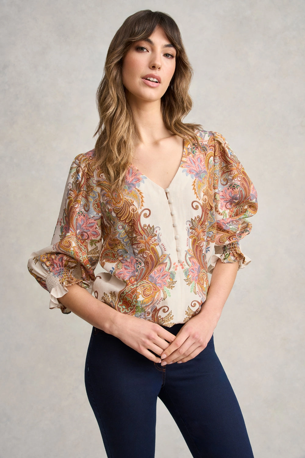 Grid Back Panel Paisley Border Print Blouse - Cream Paisley Border